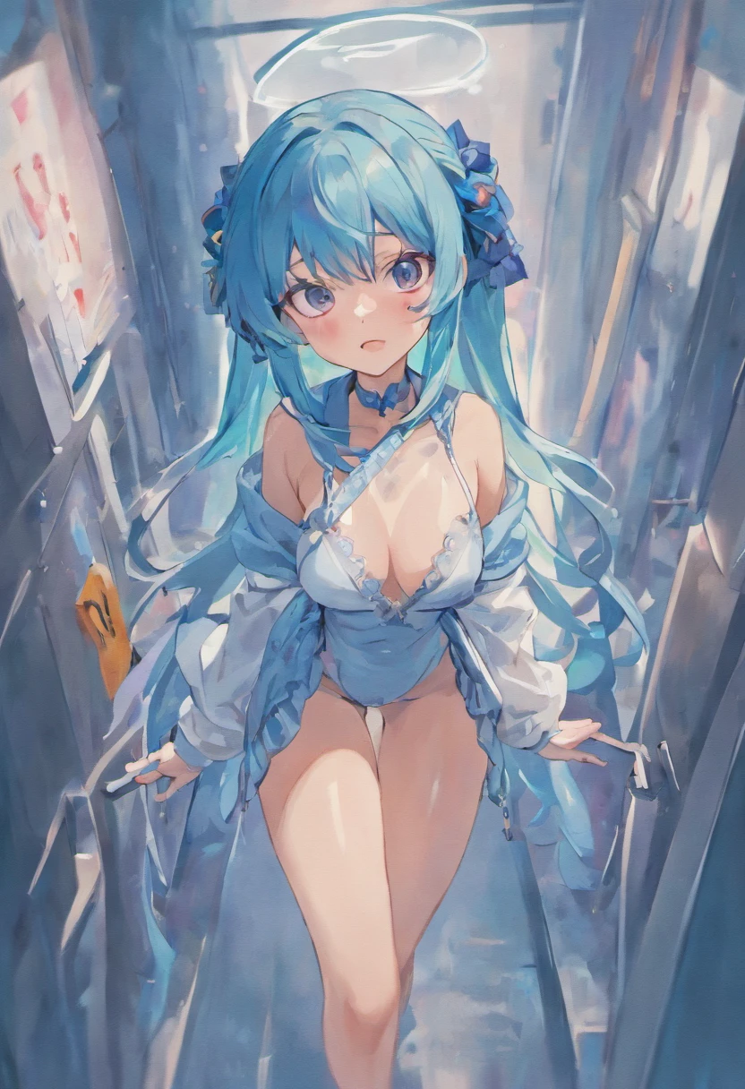  photo, long hair, blue hair, wearing mesh, wearing ankle lace-up, wearing collar, nurse, naughty face, tongue, open mouth, nose blush, light blush, bathing, smelling, fingersmile, hand on own chest, leaning forward, eye contact, bent over, Bare arms, adult lady like woman, highly detailed, Highres 2D