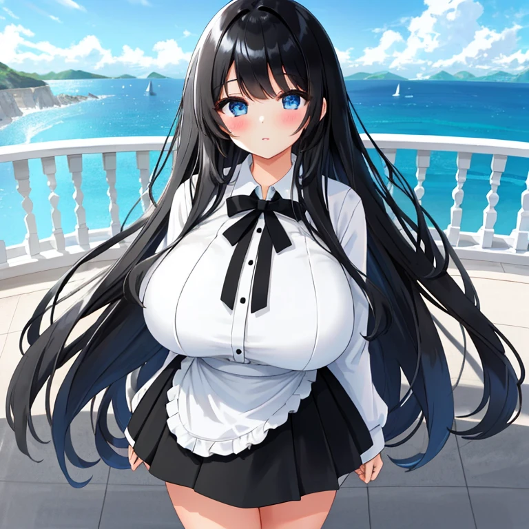 A Beautiful Cute Thick Young Girl, with ((Long Black Hair)), (Big Beautiful Bright-Blue Eyes), Very Large Breasts, Huge Thighs, and a 5.5 foot tall figure. Wearing a Cute White Dress, with a (Black Skirt). Standing in a Modern House, with a Beautiful Ocean view in the background.