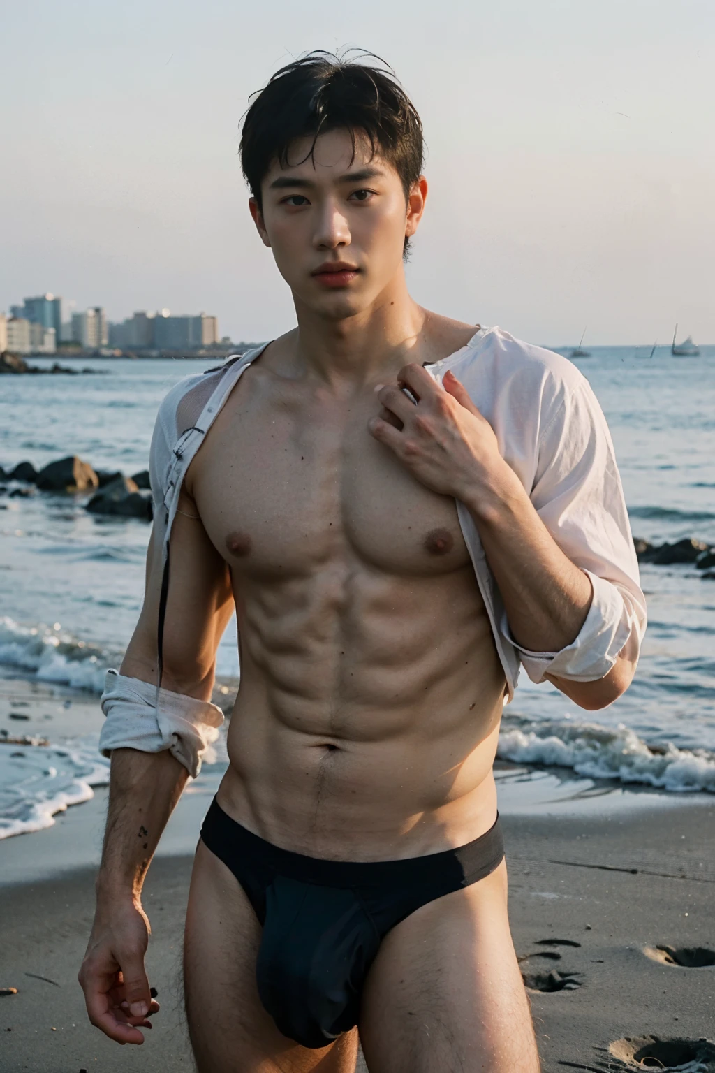 Realistic photography, 8k , handsome young muscular chinese man, wearing no shirt , wearing only black thong, huge bulge, beach
