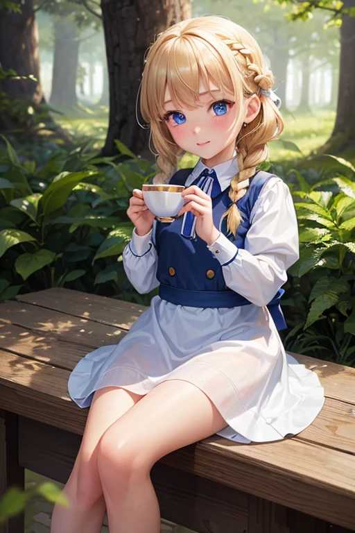 (8k, highest quality, Tabletop:1.2)、Ultra-high resolution、One 8-year-old girl, Perfect Fingers, Detailed face, Blushing, blue eyes, Blonde, Braid, Blue Apron Dress, White panties, in the forest, Tea party