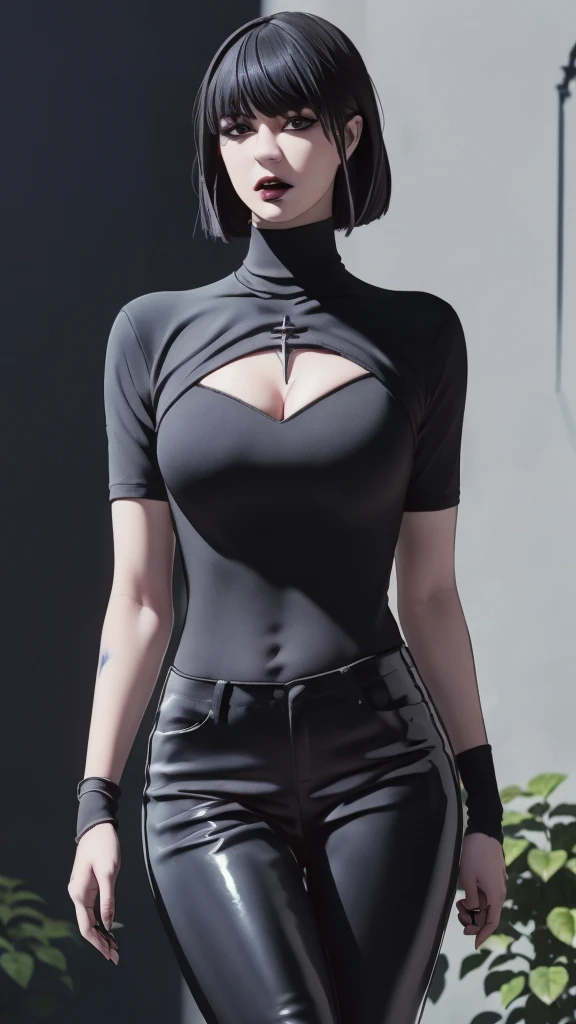 Manhwa goth girl, manhwa aesthetic, Looking at the audience, Light brown eyes:1.4, goth girl, Brunette long Bob Hair with highly detailed shiny hair, bright red clothes:1.4, Lepangas:1.4), illuminated skin (realistic texture), realistic shading, bright red eyes、{Huge|big chest|Huge|Mega} whole :2, Chest cleavage:2、(((Add highlights to the eyes:1.4、charming look 、Short Bob Hair、Glowing Skin:1.4、Looking at the audience、She is very beautiful and cute、Beautiful long neck, (cotton) black gothic shirt, latex tight pants, (converse) black sneakers, Ideal body type, (painted gothic Background:2、gothic garden background:2))、Beautiful long neck:1.4、(({Huge|big|Huge|Mega} chest, Chest cleavage:2、perfect Bodyは服を着ていない:1.6)),Perfect Anatomy, blade to side, strike pose, blade down, blade right hand, blurred background (masterpiece), best quality, high quality, highres, ultra-detailed), different poses at different angles.