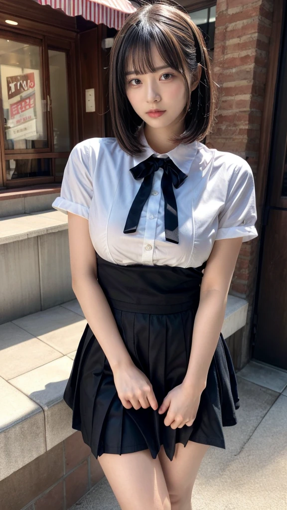 muste piece, best quality, illustration, Super detailed, fine details, High resolution, 8K,wall paper, perfect dynamic composition,(Details High quality, realistic depiction of eyes:1.3), kneeing, waitress uniform, restaurant, huge breasts, short bob hair、black hair color, Big Natural Color Lip, acrobatic pose, crying a little、cold gaze, Harajuku style、20 year old girl、cute type、lolita、beautiful legs, focus on crotch, full body photo, gravure idol