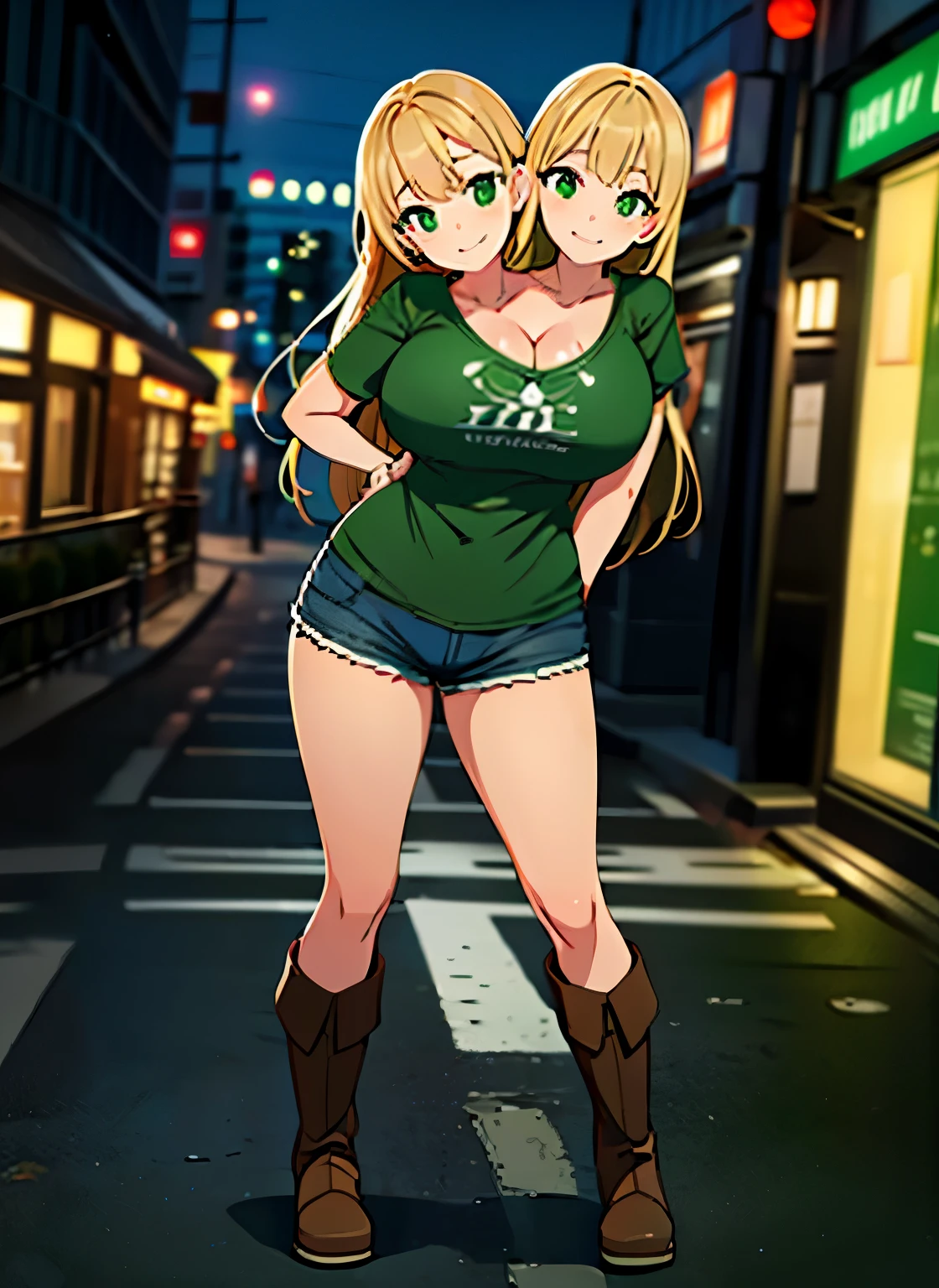 best quality, (masterpiece),(ultra-detailed), (high quality), (high resolution), ((2heads:1.5)) Gal, blond long hair, large breasts, thighs, shorts, cleavage, blue shorts, (close shot,best quality:1.5, highres, UHD, 4K), city street background, smiling, ((green neck hole t shirt)), green eyes, ((night city background)), (brown boots), ((full body)), strong