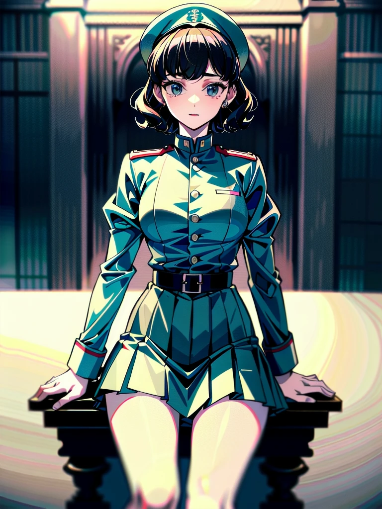 military uniform, absurdres, RAW photo, extremely delicate and beautiful, masterpiece, Best Quality, ultra high resolution, 32k, hyperrealistic, ultra-detailed, detailed description, pale skin, 20 years old, tearful mole, earring, Colossal tits, short medium hair, wavy hair, pleated skirt,