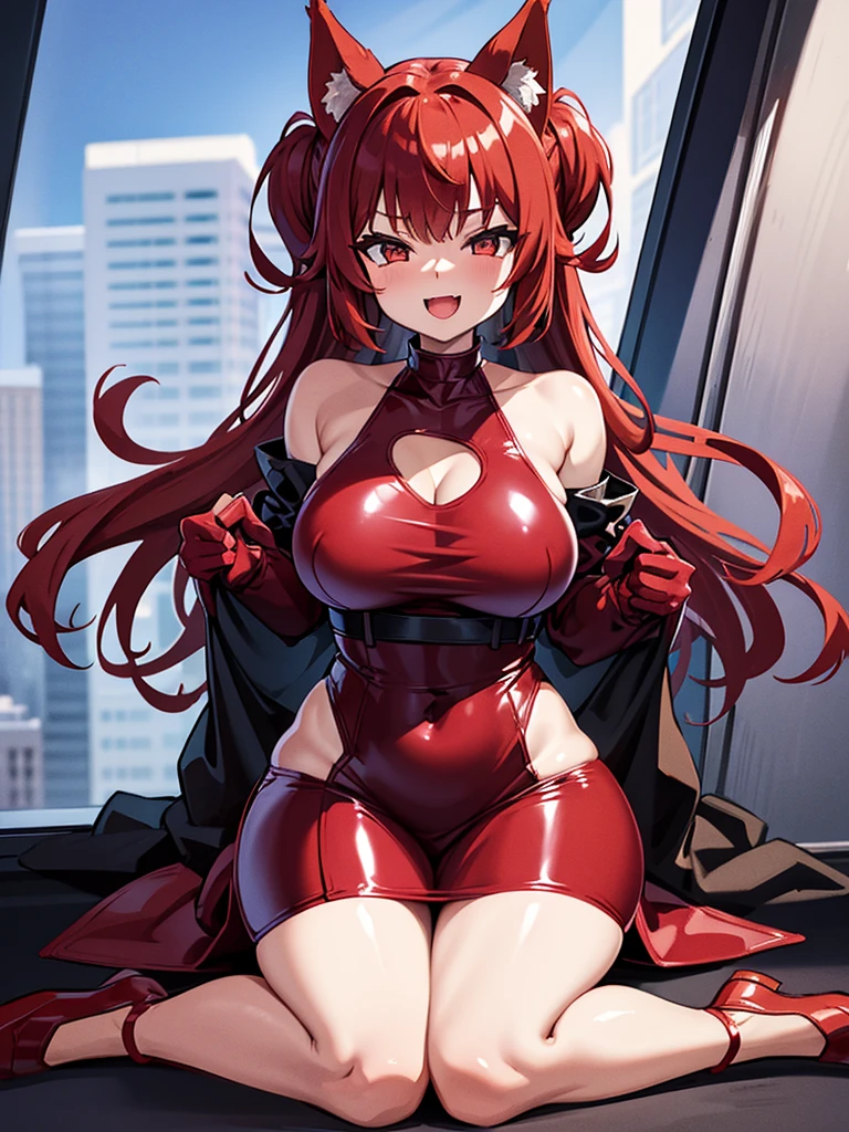 Happy woman, with wolf ears and red hair, holding her cheeks, wolf tail, wearing a latex dress, looking at veiwer, full body, you can see her chest, naked breasts