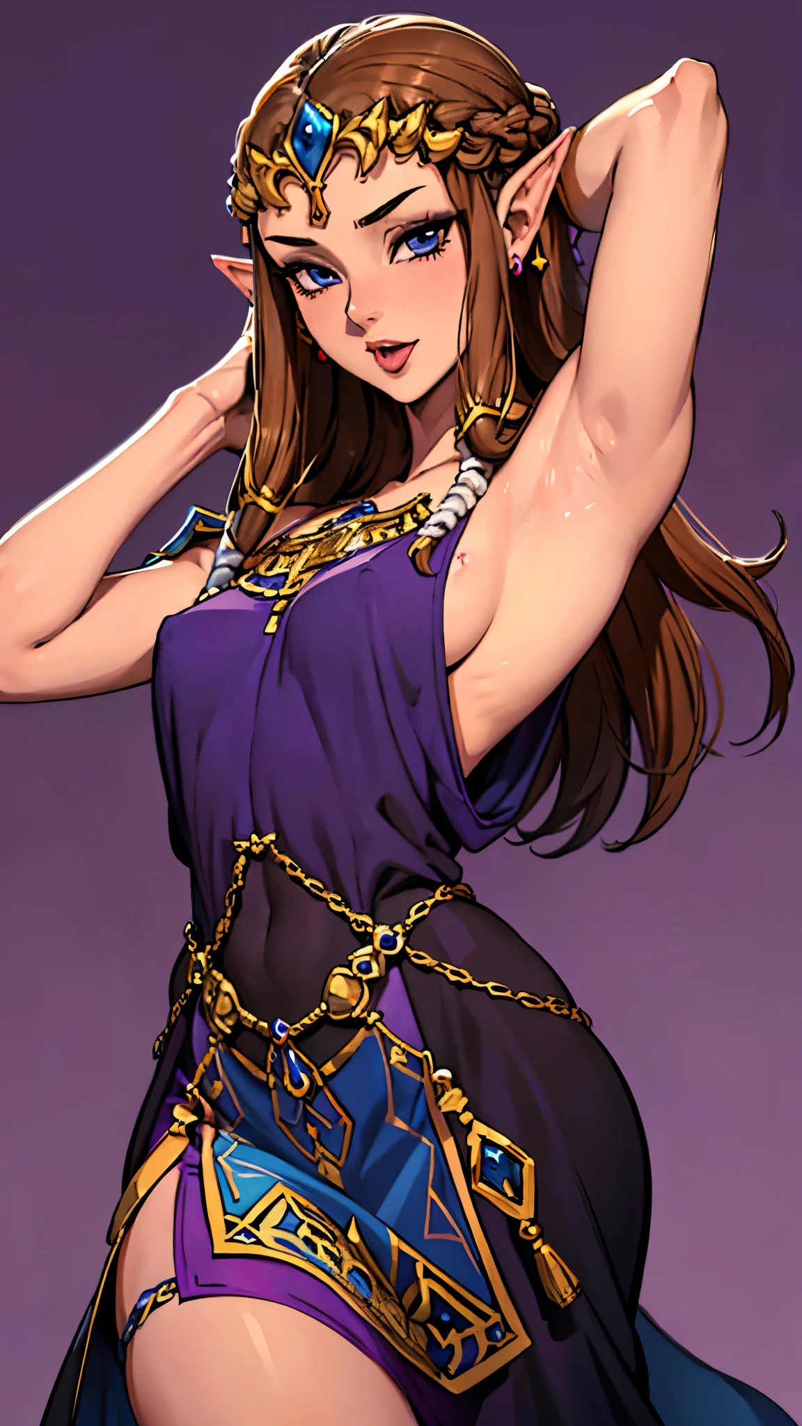 8K high quality, high accuracy, Princess Zelda, beautiful figure, beautiful face, Princess Dusk, beautiful, bright, highlights in eyes, small ears, brown hair, beautiful line drawing. Mouth open, tongue protruding, purple background, blue eyes, dressed in black dress, revealing outfit, arms raised, armpits showing,