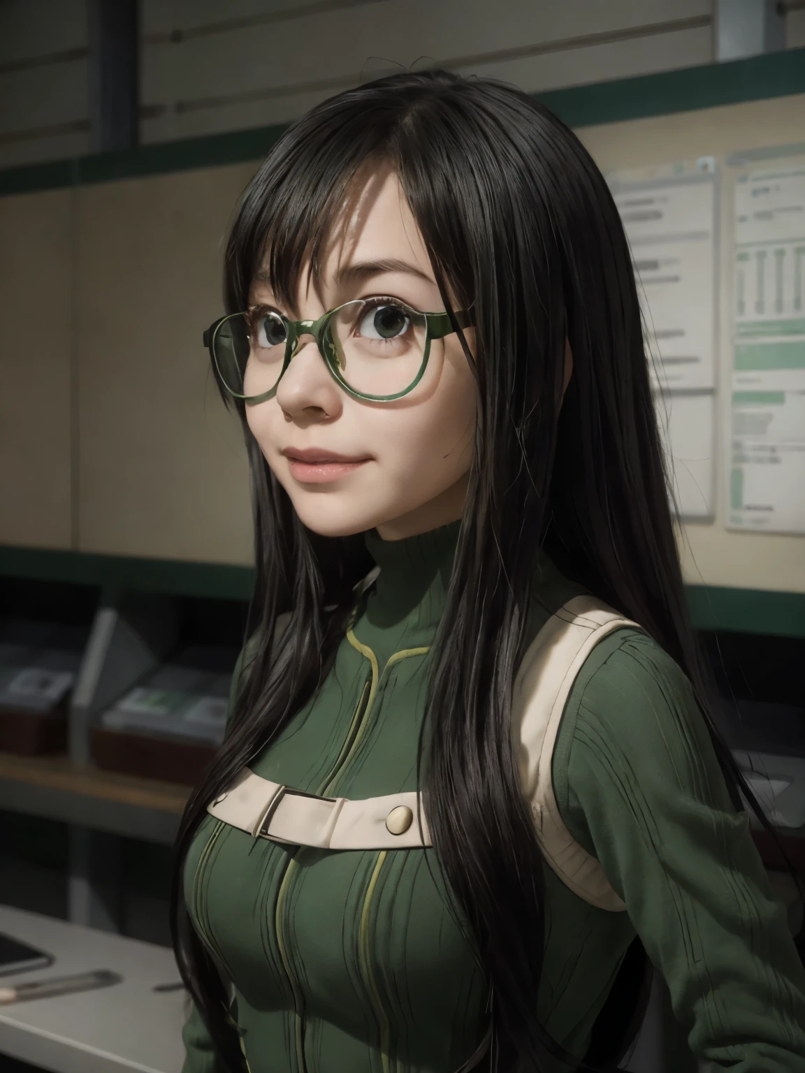 masterpiece, best quality, highly detailed, asui_tsuyu 1girl, solo, facing viewer, green super hero, glasses