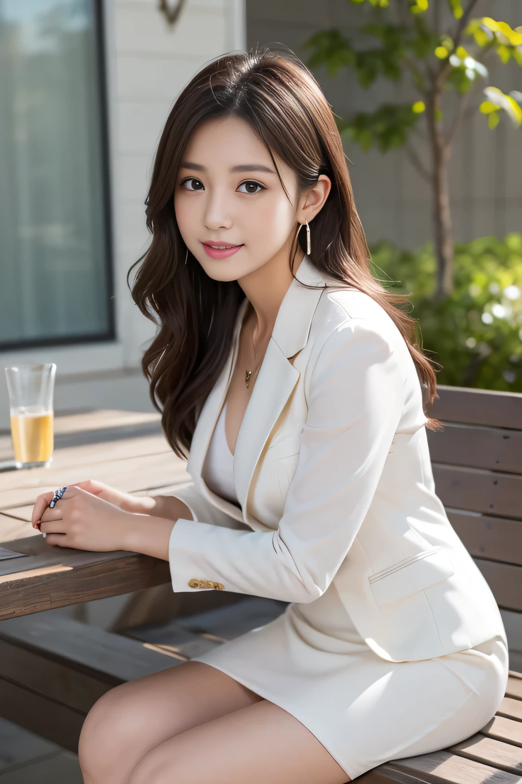 1 female), beautiful, Great face and eyes, Compensate, (Very detailedbeautiful顔), Captivating smile, (highest quality:1.4), (Very detailed), (very detailed CG synthesis 8k wallpaper), Very detailed, RAW Photos, Professional photography, (Dark purple suit, White mini skirt:1.2), (A business shirt with a wide open chest), length, light brown, Messy Hair、Big earrings、Sitting on a bench、
