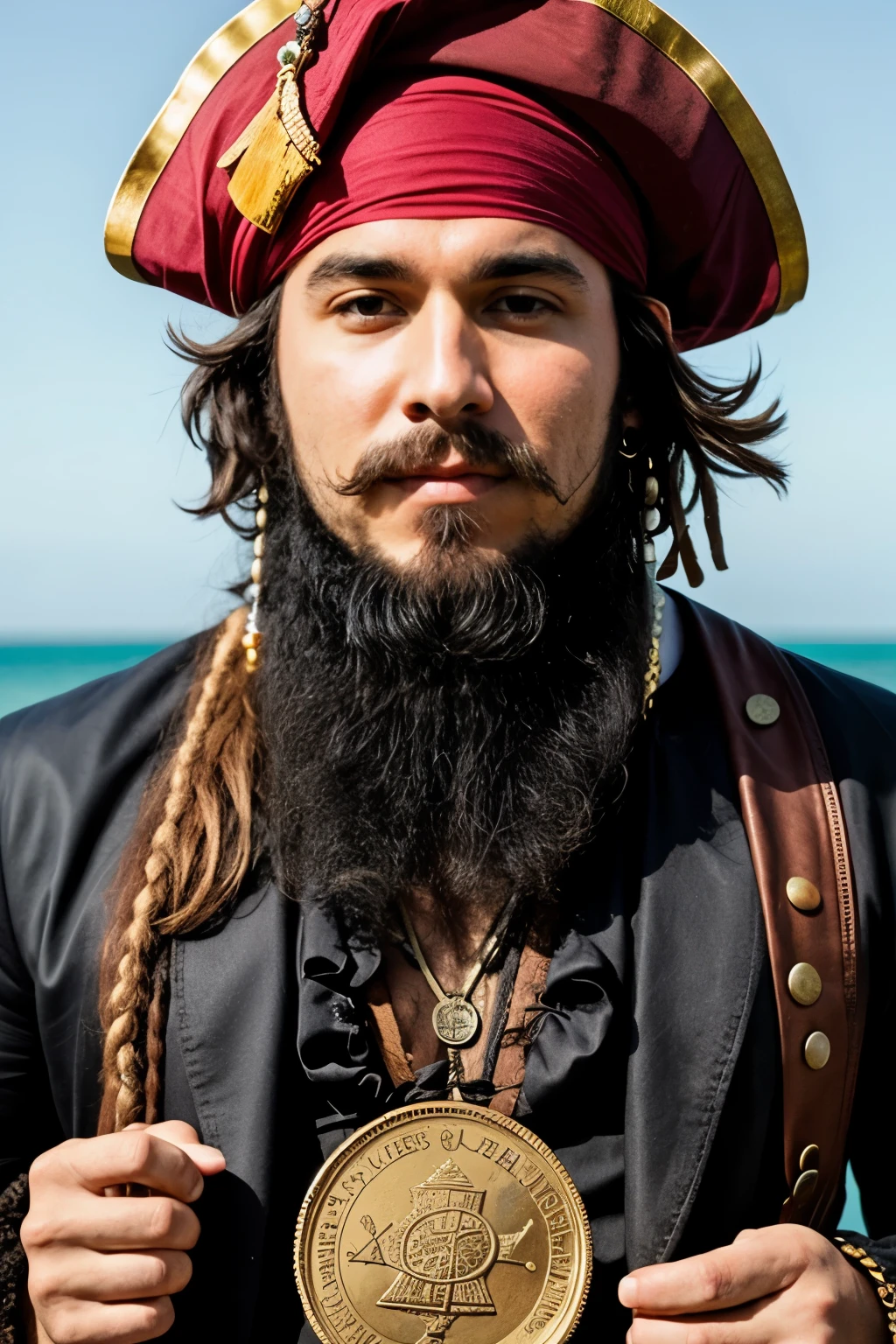 a pirate with long beard and coins stuck on it.