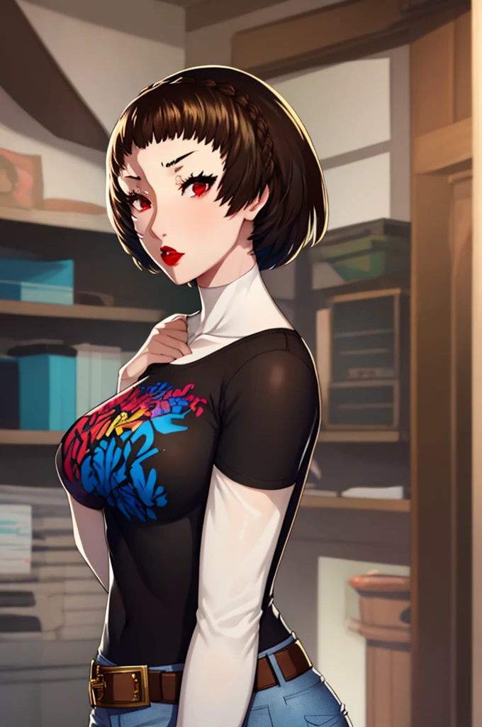 Makoto niijima, brown hair, crown braid, red eyes, 1girl, solo, standing, black t-shirt, white shirt, blue jeans, belt, lipstick, large breasts