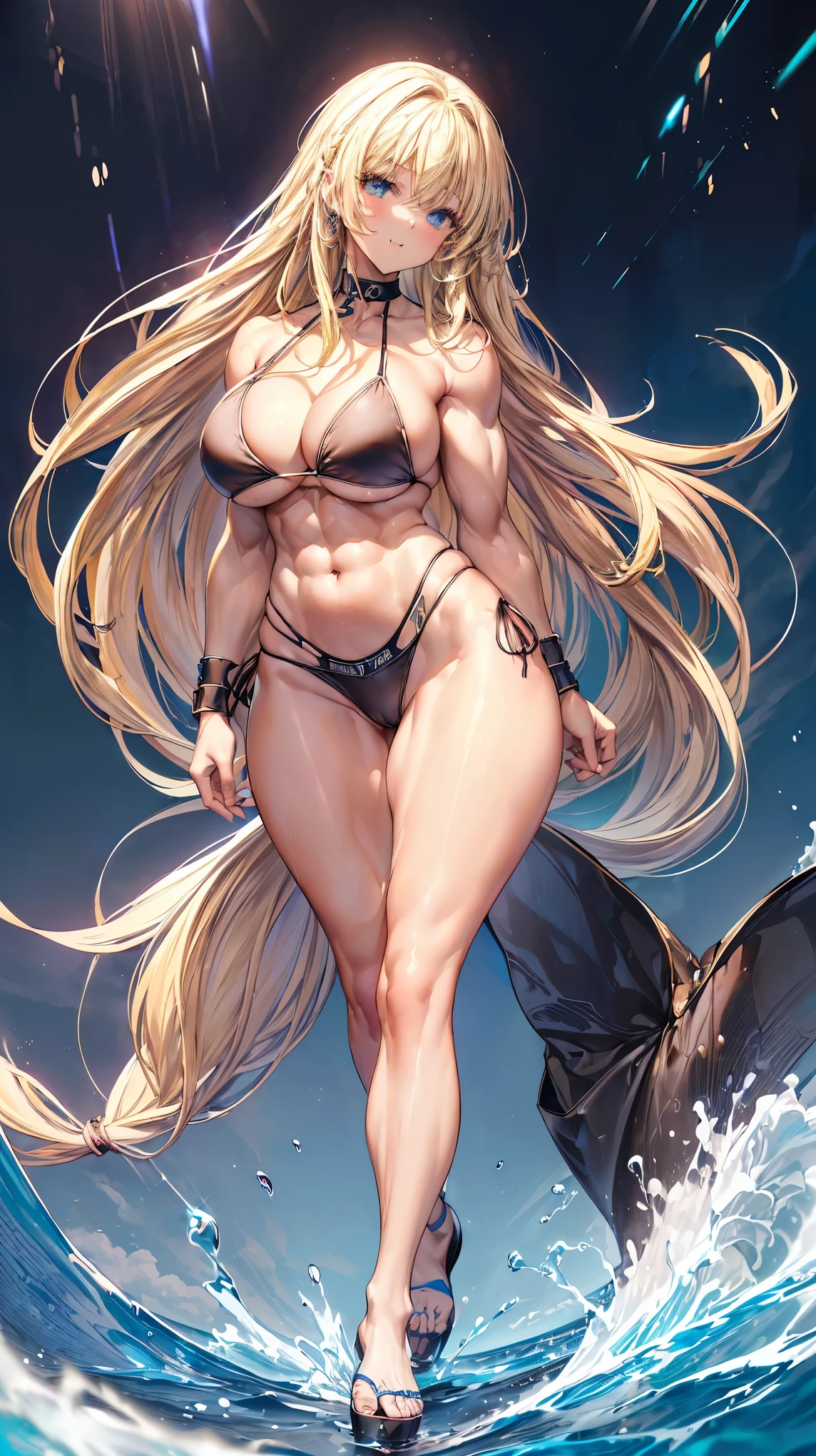 Very detailed、highest quality、Best image quality、masterpiece、8k、Anime Face、A kind smile、(Open your mouth:1.3)、Sparkling blue eyes、(Blonde semi-long hair:1.5)、(Muscles of the whole body:1.3)、(High leg:2.0)、Thigh belt、(Black high-cut bikini:1.5)、(Upper body photo:1.5)、(SFW Giant)、(Thick body:1.2)