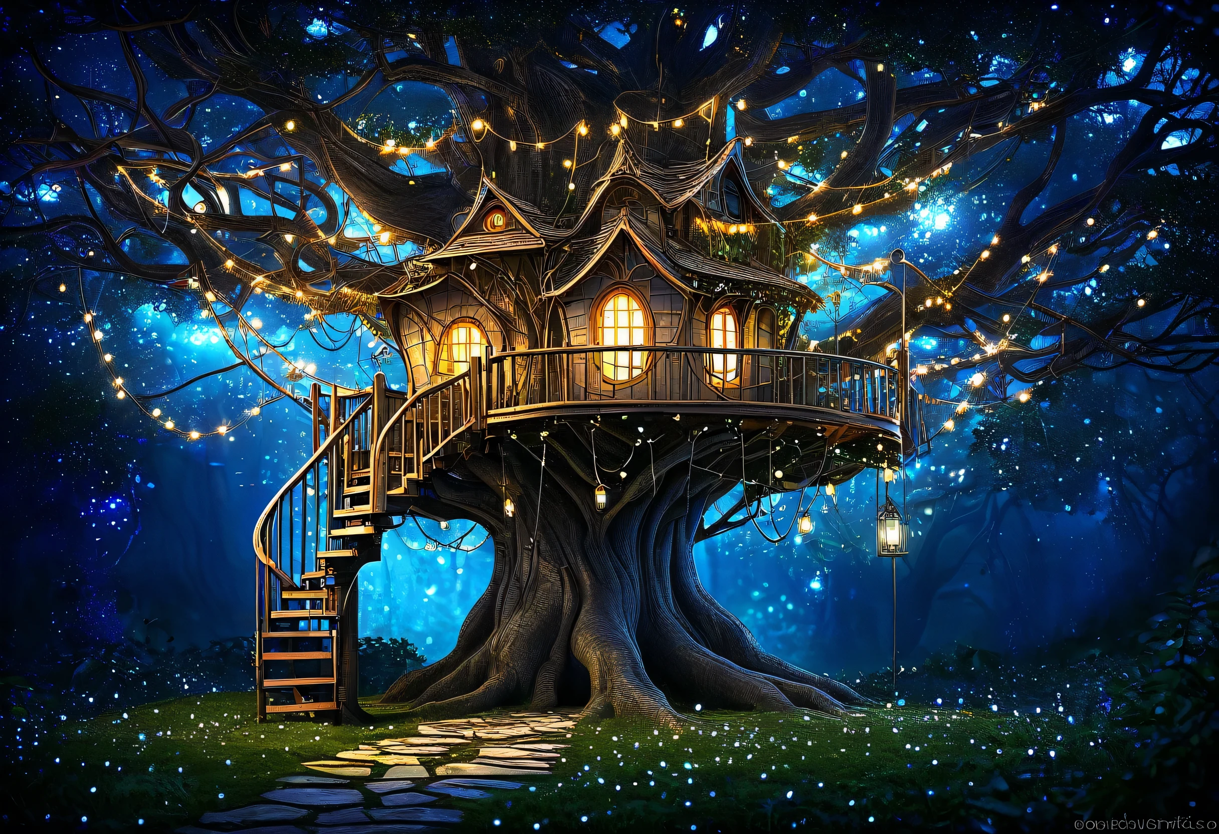a tree house with fairy lights in the night, enchanted magical fantasy forest, magical fantasy forest, magical tree, magic fantasy highly detailed, magical environment, enchanted and magic forest, detailed fantasy digital art, very magical and dreamy, highly detailed fantasy art, fantasy tree, magical fantasy 2 d concept art, magical background, very beautiful digital art, faery palace