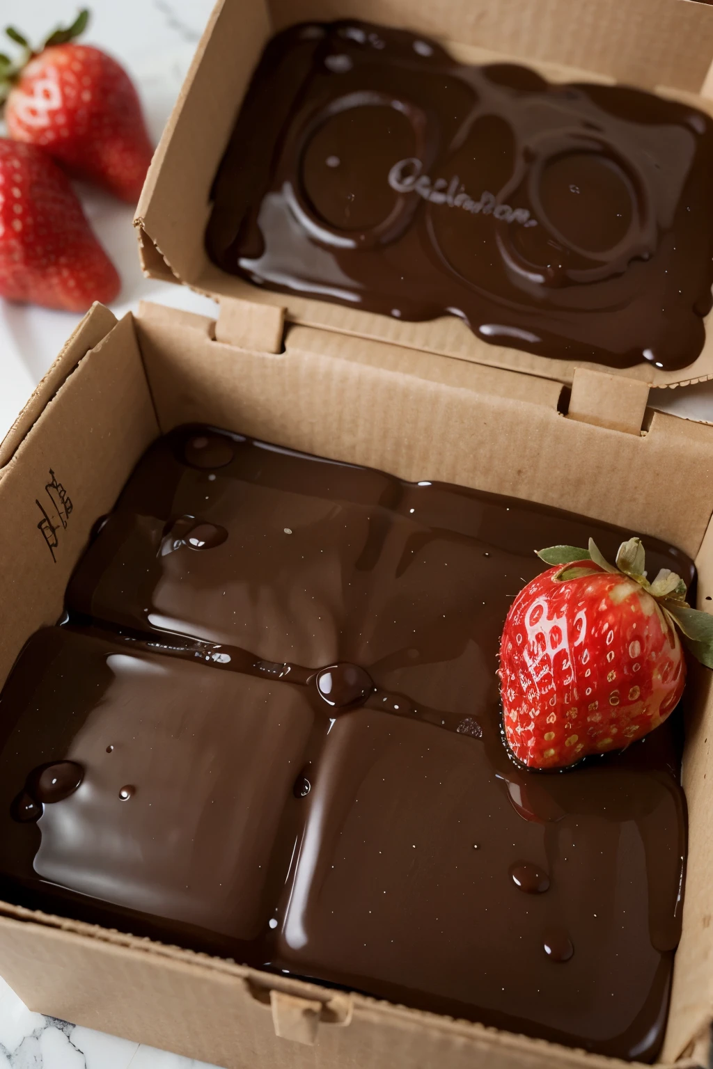 A box of two strawberries covered with liquid chocolate