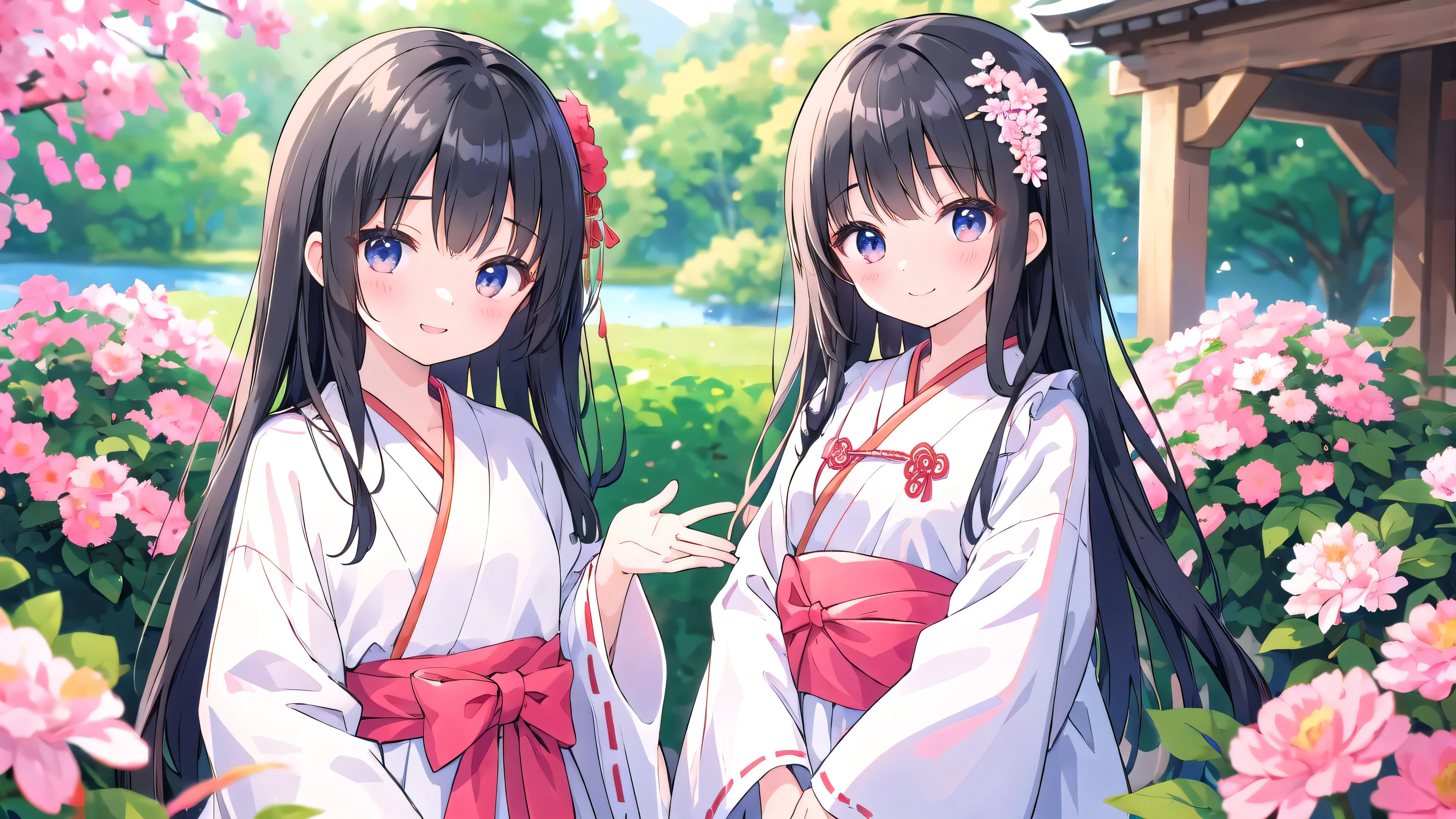 Normal of chest、masterpiece、8K wallpapers incorporating detailed CG、Two girls and two boys、、Baby Face、beautiful、smile、、Genuine、Blurred、Blurred_background、Blurred_prospect、branch、Plum offlower、depth_of_Field、flower、gem、nose、Realistic、pale black hair、alone、Shrine maiden costume、Hide your fingers、Hide your arms、whole body、Long Hair、Straight bangs、