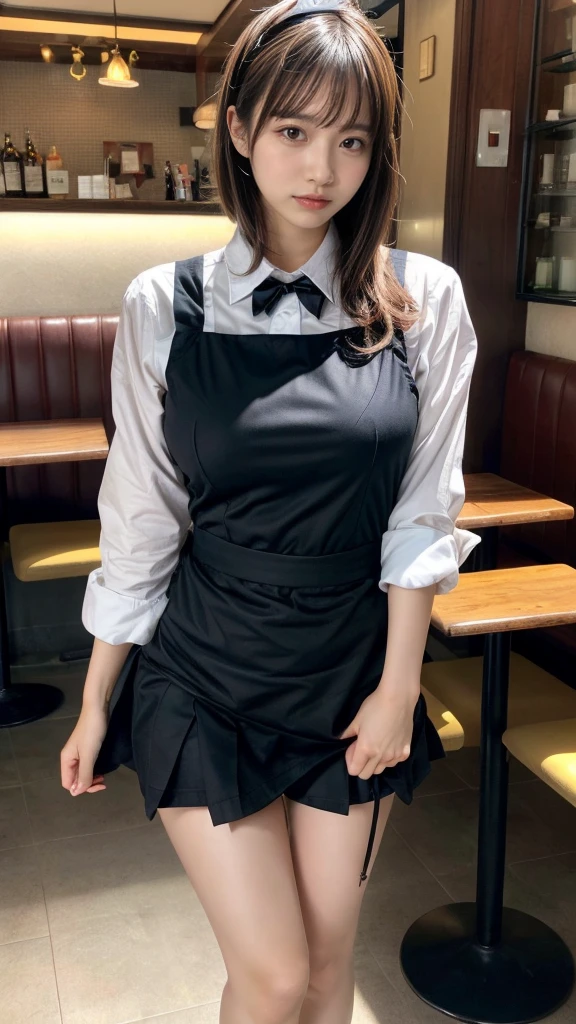 muste piece, best quality, illustration, Super detailed, fine details, High resolution, 8K,wall paper, perfect dynamic composition,(Details High quality, realistic depiction of eyes:1.3), kneeing, waitress uniform, restaurant, huge breasts, short bob hair、black hair color, Big Natural Color Lip, acrobatic pose, crying a little、cold gaze, Harajuku style、20 year old girl、cute type、lolita、beautiful legs, focus on crotch, full body photo, gravure idol