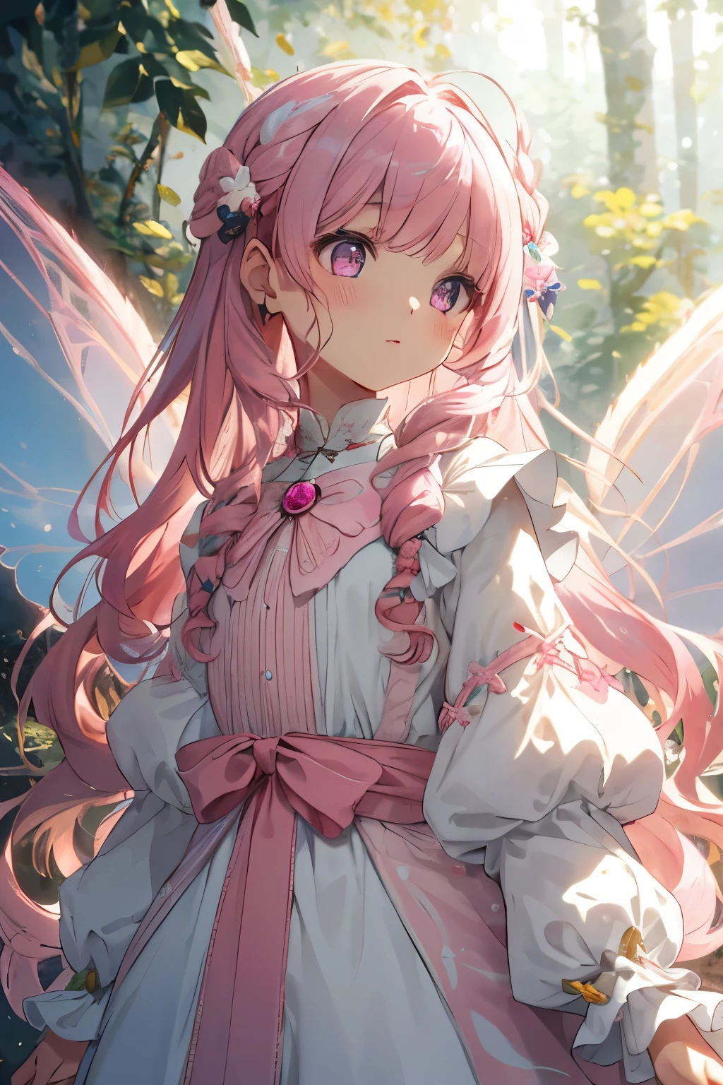 girl, forest, ((obra de arte)), melhor quality, perfect face, (perfect anatomy), extremely detailed, Fairy girl, fairy wings, pink hair with light tone, long loose hair, wavy hair, button nose, white magical girl, fractal art, baby face, long pink mesh hair, beautiful detailed pink eyes, cinematic lighting