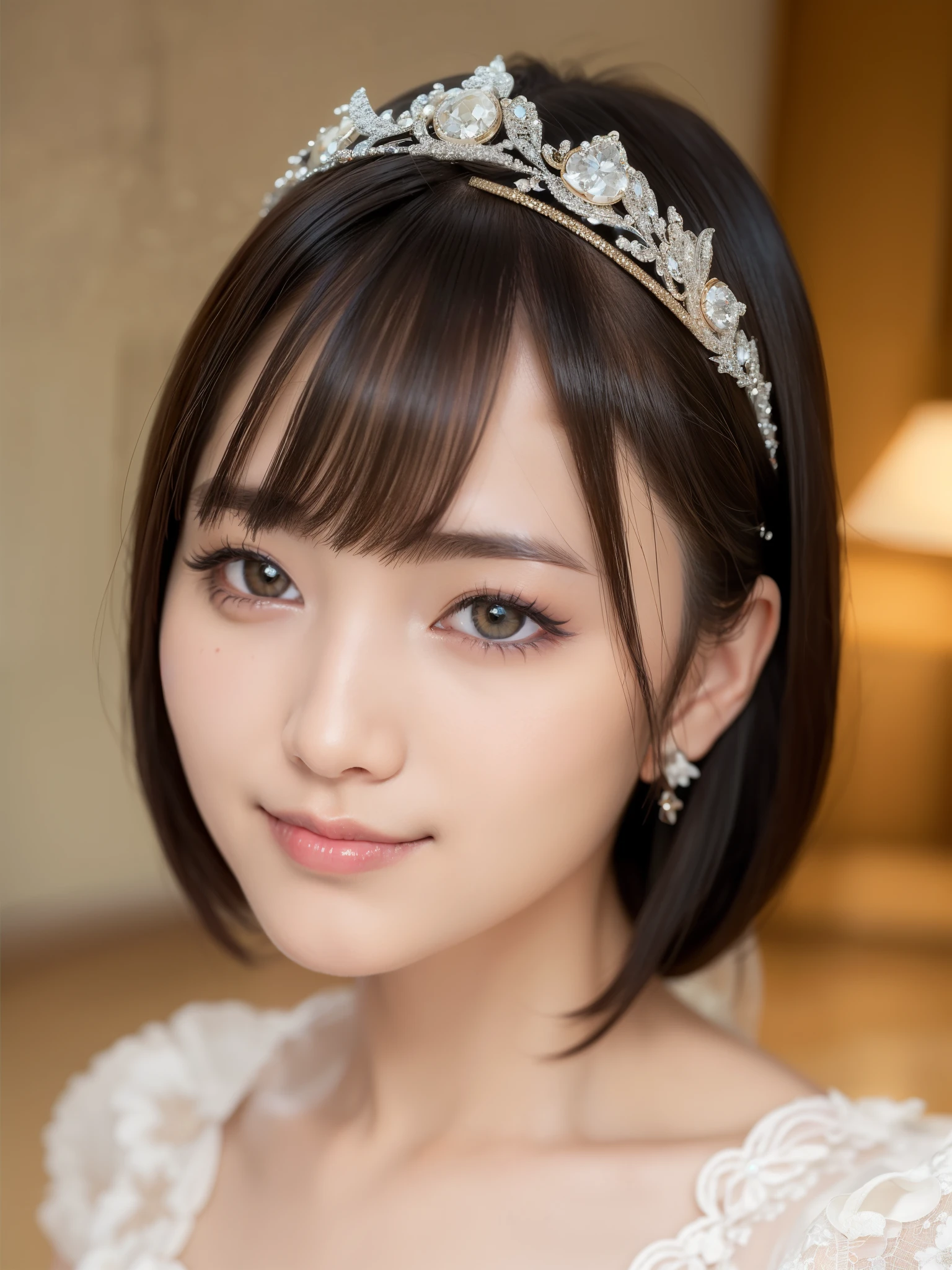 (highest quality:1.5)、(Realistic:1.5)、(1 person:1.5)、(Medium Shot:1.5)、Very detailed、High resolution、8k wallpaper、、Normal milk、Natural color lips、Cute Smile、Japanese women、20-year-old girl、Beautiful and elegant face、Perfect and beautiful face、Large, balanced eyes、Brunette's eyes、Beautiful and elegant face、Beautiful double eyelids、Natural Bangs、Beautiful thin nose、Beautiful Skin、Fair skin、Medium Bob Hair、Natural Bangs、Perfect and beautiful face、Slim face and figure、(Looking at the camera with a sweet smile)、Bright lighting、Professional Lighting、Forward lighting、Wedding dress、tiara、(純白の豪華なWedding dressを着て)、(Sit and pose on the red carpeted floor)