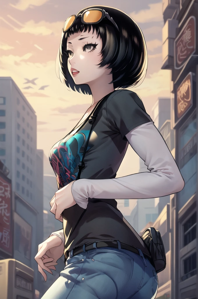 masterpiece, best quality, absurdres, 1girl, solo, OhyaIchiko, short hair, bob cut, eyewear on head, black t-shirt, layered sleeves, jeans, 