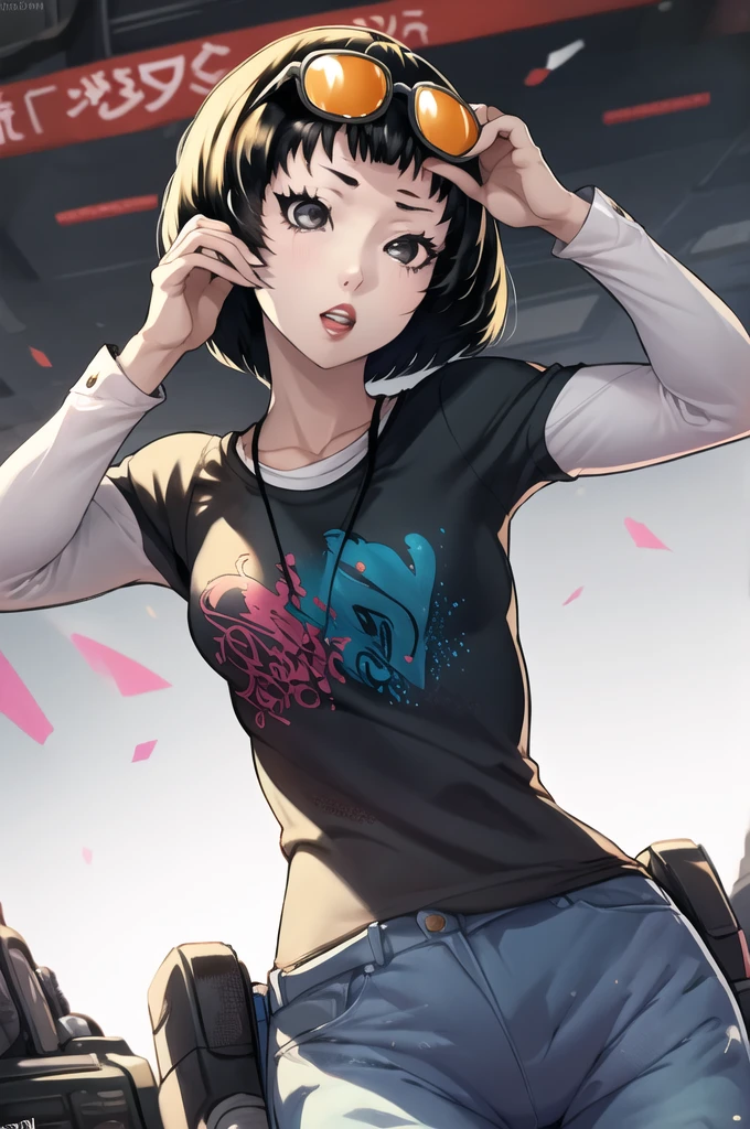 masterpiece, best quality, absurdres, 1girl, solo, OhyaIchiko, short hair, bob cut, eyewear on head, black t-shirt, layered sleeves, jeans, 