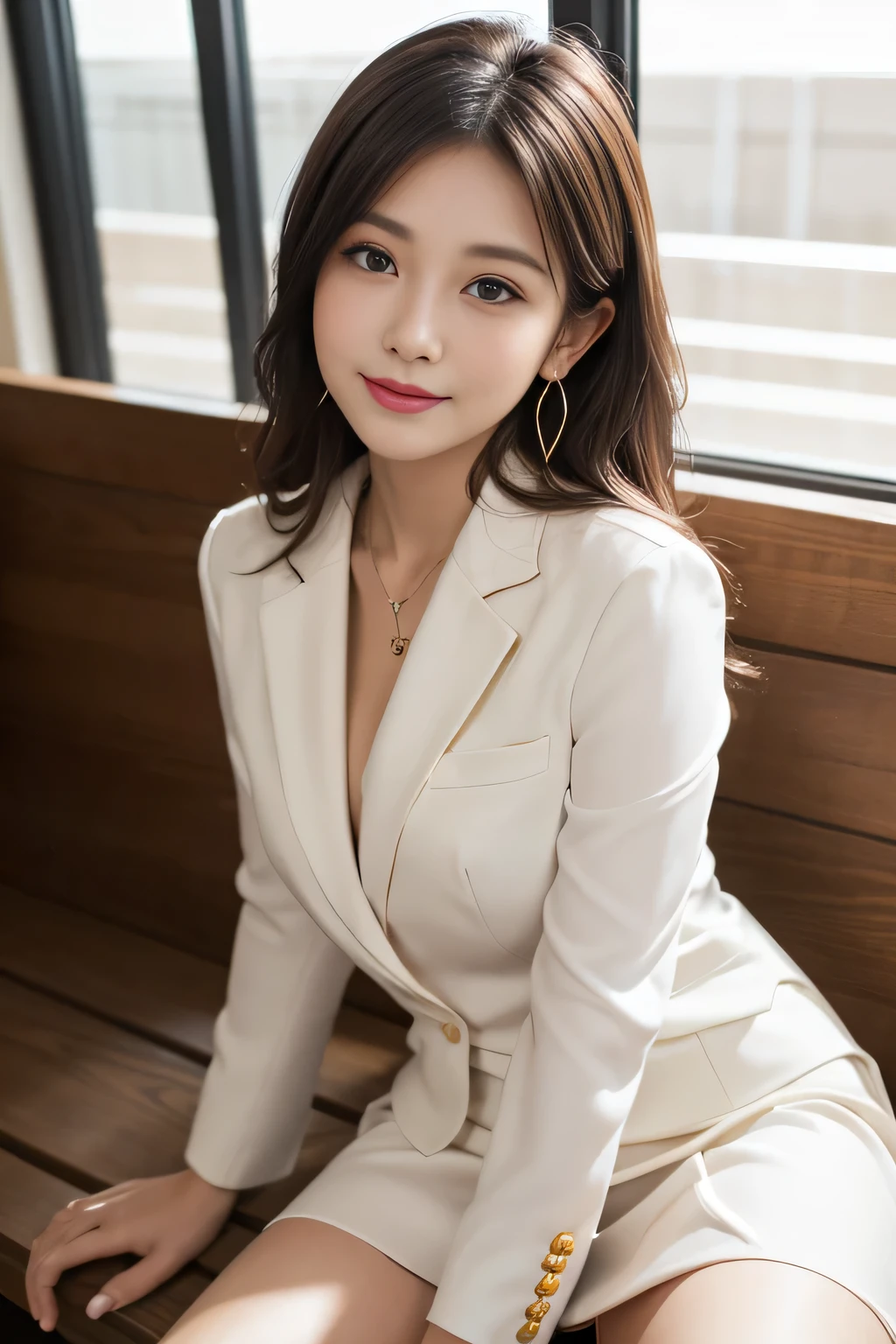 1 female), beautiful, Great face and eyes, Compensate, (Very detailedbeautiful顔), Captivating smile, (highest quality:1.4), (Very detailed), (very detailed CG synthesis 8k wallpaper), Very detailed, RAW Photos, Professional photography, (Dark red suit, White mini skirt:1.2), (A business shirt with a wide open chest), length, light brown, Messy Hair、Big earrings、Sitting on a bench、