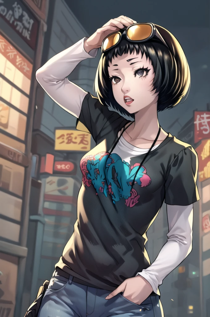 masterpiece, best quality, absurdres, 1girl, solo, OhyaIchiko, short hair, bob cut, eyewear on head, black t-shirt, layered sleeves, jeans, 