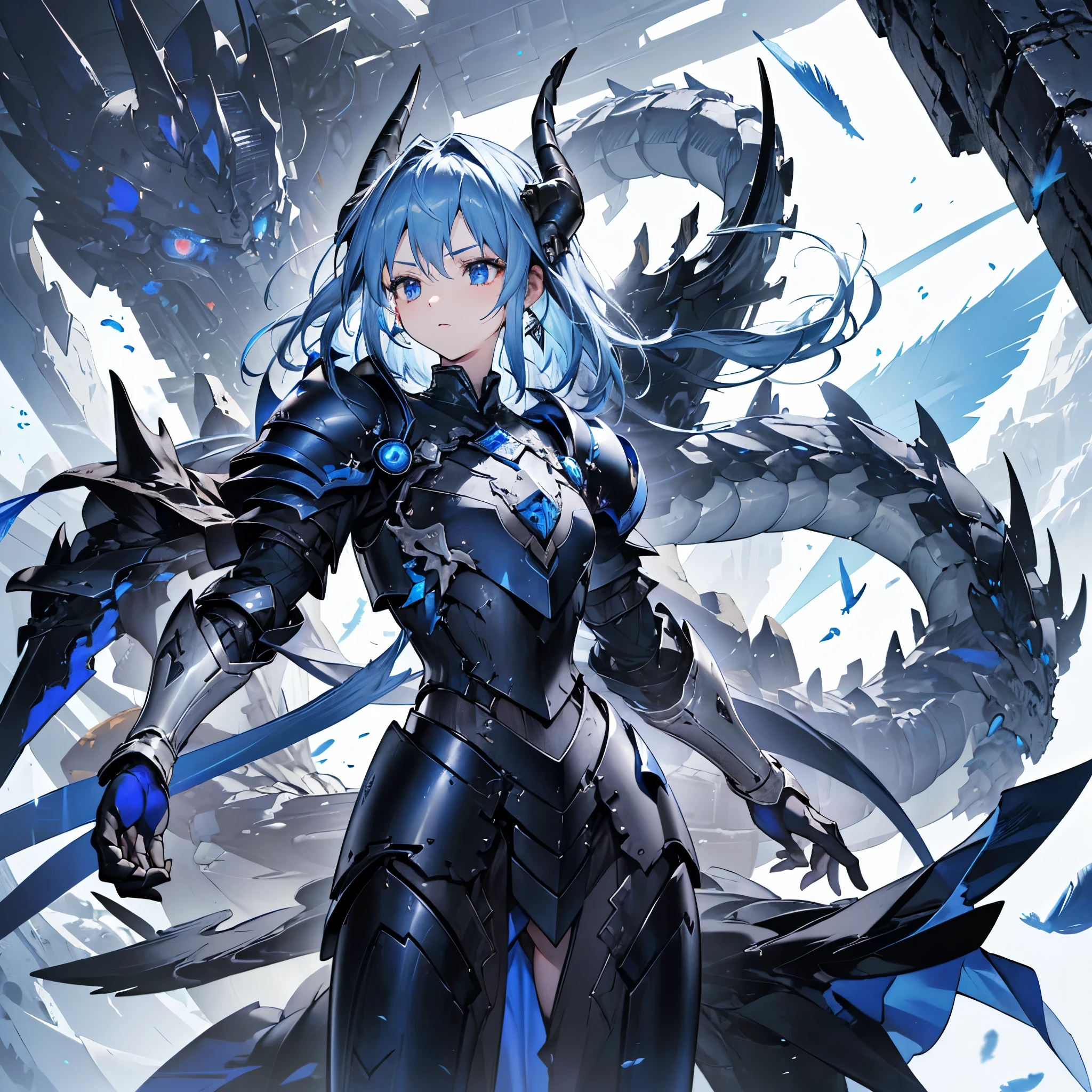 ((high resolution　Blue Hair　long髪　Black Armor　Dragon Knight　Lonely　despair))　((night　Western style　chest　Shining Aura　gloves))　(Big feather　Dance　Blade of Light　Holding a spear　Thunder Spear　long　Slashing)　night　star　Slashing　Catch the wind　