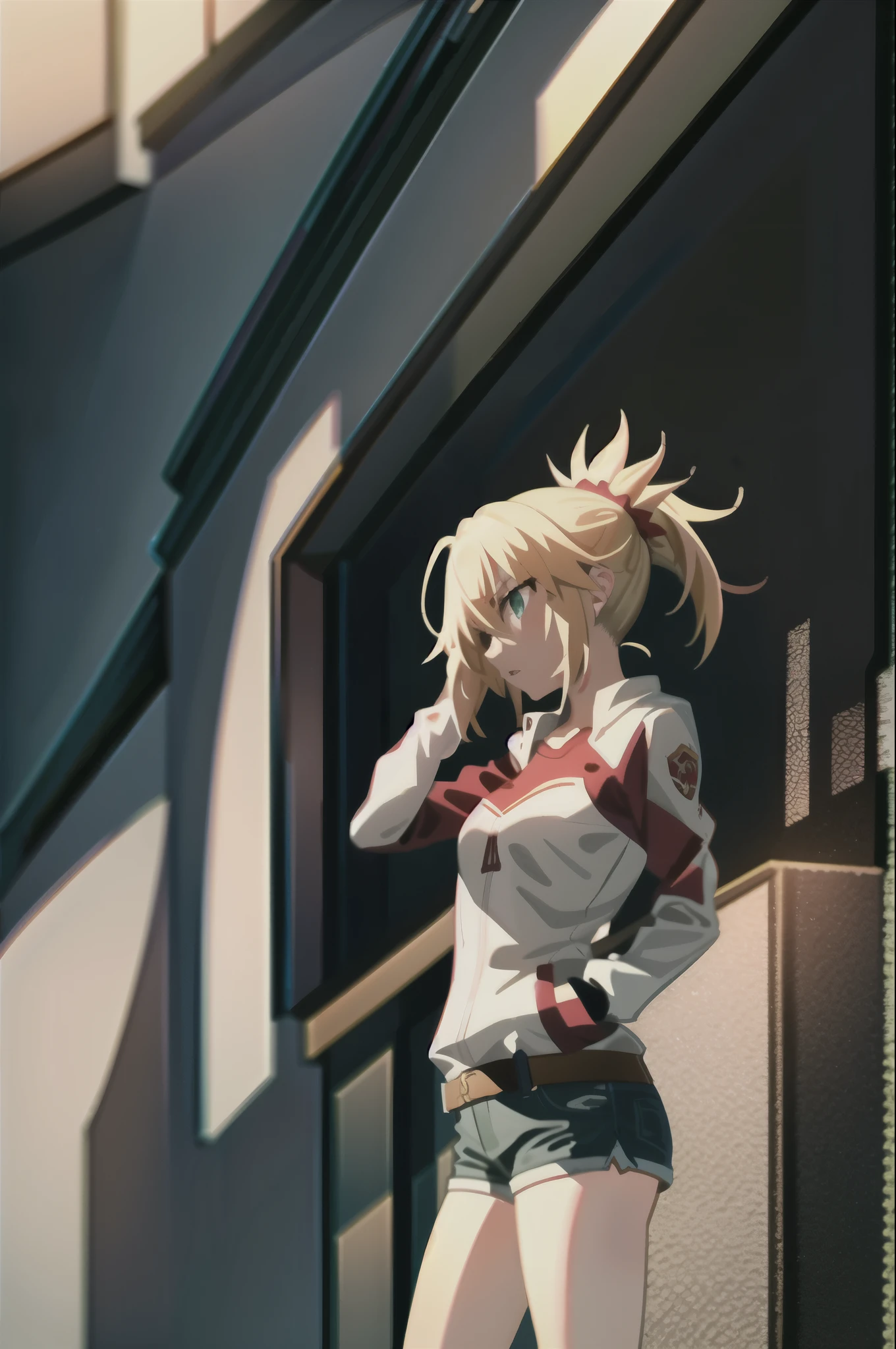 Masterpiece, Best Quality, illustration, city street, 1girl, Mordred \(fate\), cowboy shot, skinny, collarbone, Detailed blond hair ponytail braid, green eyes, Red leather jacket, White short blouse, denim shorts