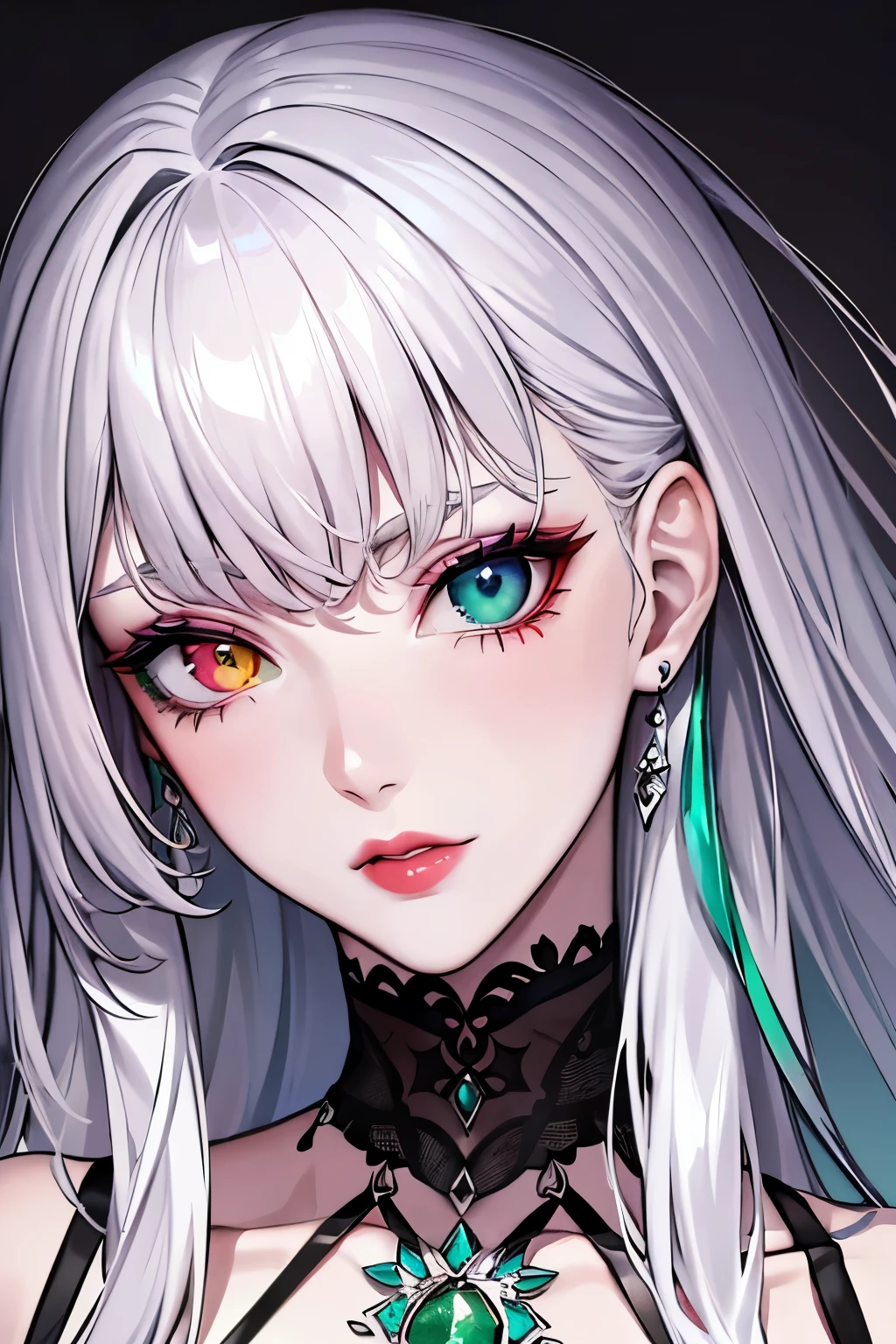 monochrome, only eyes and lips in color, face focus, best quality, super fine, 16k, incredibly absurdres, extremely detailed, delicate and dynamic, cool and beautiful pretty woman, silver messy hair, (heterochromia, emerald green eye, purple eye), brightly colored tattoos on the neck, necklaces, chokers, earrings and accessories, glossy red lips, portrait