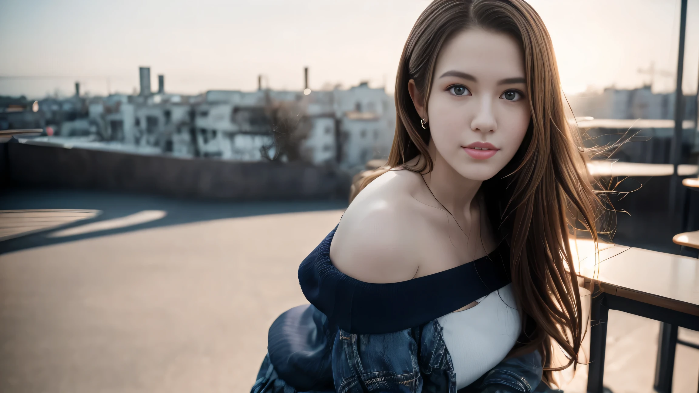 Claire Redfield from Resident Evil, posing seductively to viewer, solo:1, pov, beautiful thick thighs, side view
Sunny city background, natural lighting, long hair, 3/4 body, off-shoulder school attire with jacket and mini pleated skirt