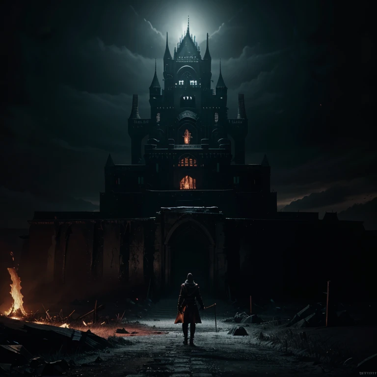 masterpiece, 4k, sharp focus, highest quality,wide shot,Imagine a world where darkness and cold have taken over, and you find yourself in the depths of the nine layers of hell. The once vibrant landscapes have now become desolate wastelands filled with endless suffering. The skies are obscured by a thick haze, and the only sounds you hear are the cries of the ??????. As you make your way through the levels, you encounter demons and tormentors, each determined to keep you from escaping their grasp. Can you survive the horrors of each layer and find a way out of this dark and cold hellscape ,the castle 