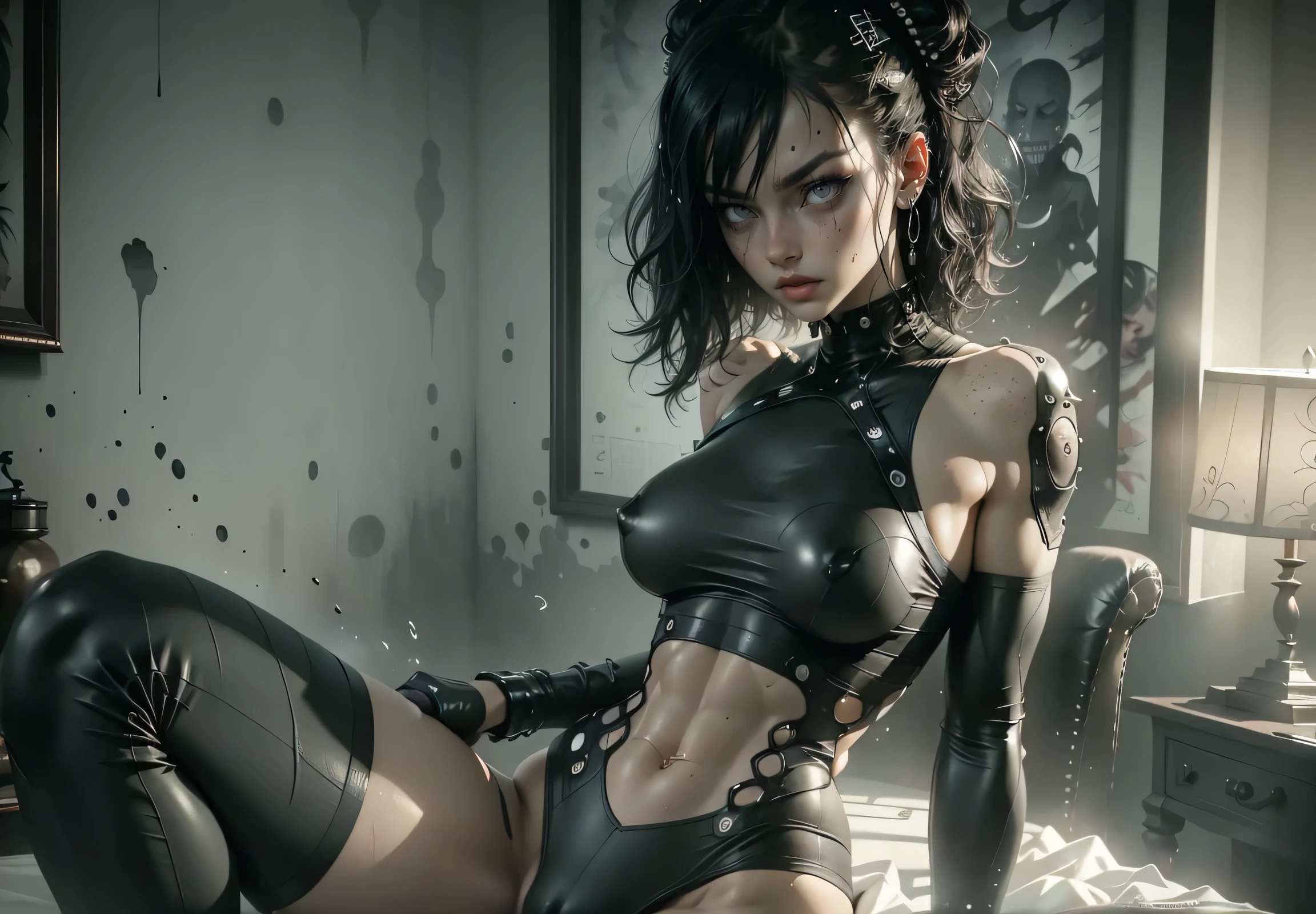 ((Perfect eyes)), ((wet)),(((white cum))), ((she has a very skinny and toned strong body)), ((makeup)), ((freckles)), ((perfect eyebrows)), ((sharper edges)), ((perfect scary grey eyes)), perfect intimidating face, slut, sadistic, predatory, better detail on her skin, perfect face and strong jawline, perfect full wet lips, sadistic atmosphere, wet sweaty skin, more detail, beautiful intimidating grey eyes, ((beautiful horror)), better lighting, more toned muscles, perfect detail on her intimidating eyes, very tight underwear, ((tight pussy)), (((tighter clothing))), slutty, intense, perfect detail, tight abd sexy, ((piercings)), better detail on her bellybutton, skinny, skinny and strong, more skin showing. She is a sexual predator, intense, slutty, freckles, tight , she looks like an android.