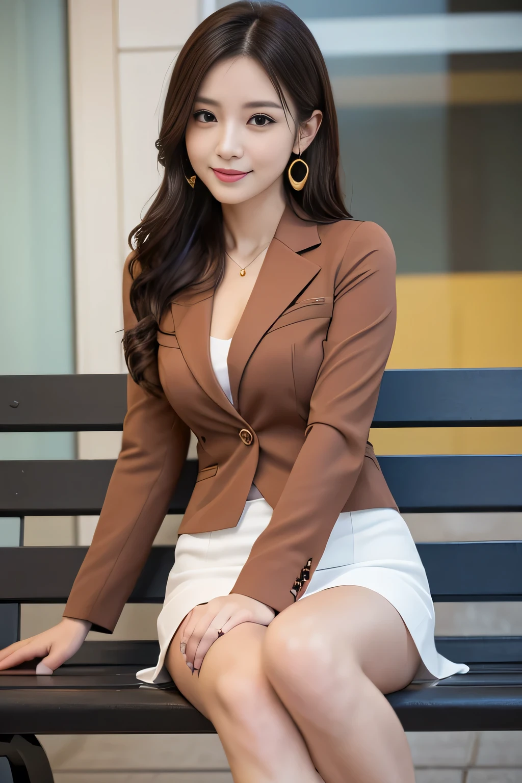 1 female), beautiful, Great face and eyes, Compensate, (Very detailedbeautiful顔), Captivating smile, (highest quality:1.4), (Very detailed), (very detailed CG synthesis 8k wallpaper), Very detailed, RAW Photos, Professional photography, (Dark red suit, White mini skirt:1.2), (A business shirt with a wide open chest), length, light brown, Messy Hair、Big earrings、Sitting on a bench、