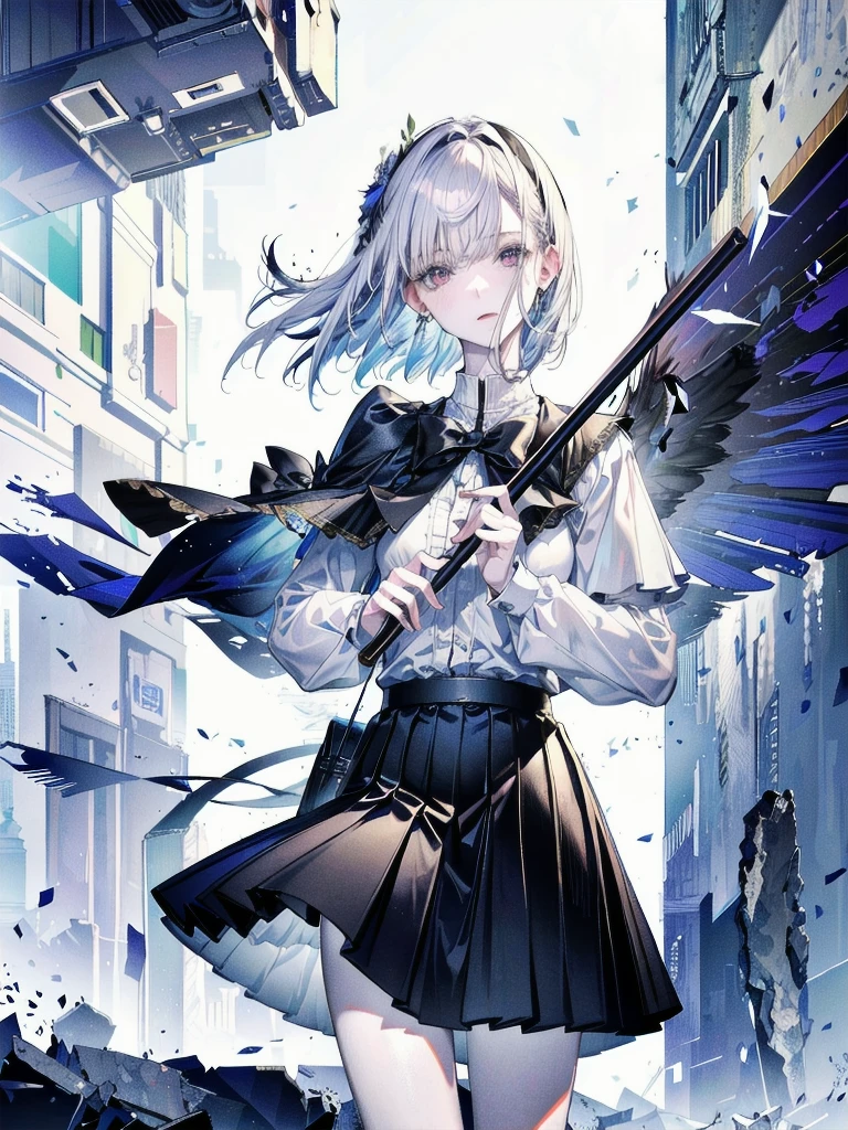 military uniform, absurdres, RAW photo, extremely delicate and beautiful, masterpiece, Best Quality, ultra high resolution, 32k, hyperrealistic, ultra-detailed, detailed description, pale skin, 20 years old, tearful mole, earring, Colossal tits, short medium hair, wavy hair, pleated skirt,
