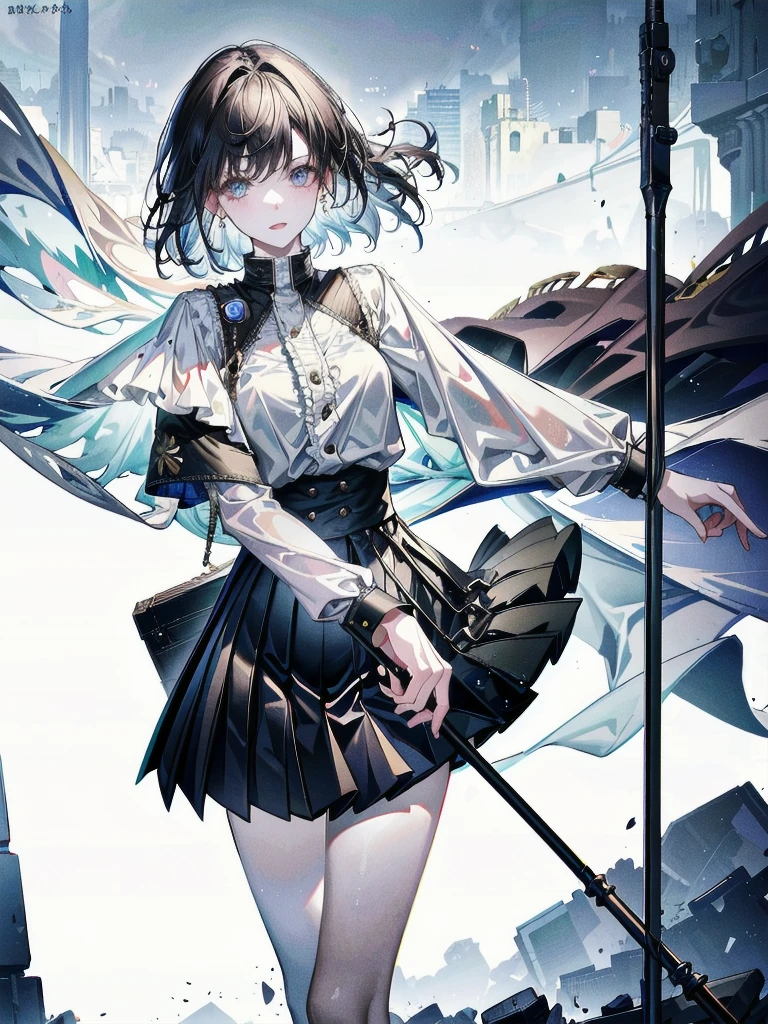 military uniform, absurdres, RAW photo, extremely delicate and beautiful, masterpiece, Best Quality, ultra high resolution, 32k, hyperrealistic, ultra-detailed, detailed description, pale skin, 20 years old, tearful mole, earring, Colossal tits, short medium hair, wavy hair, pleated skirt,