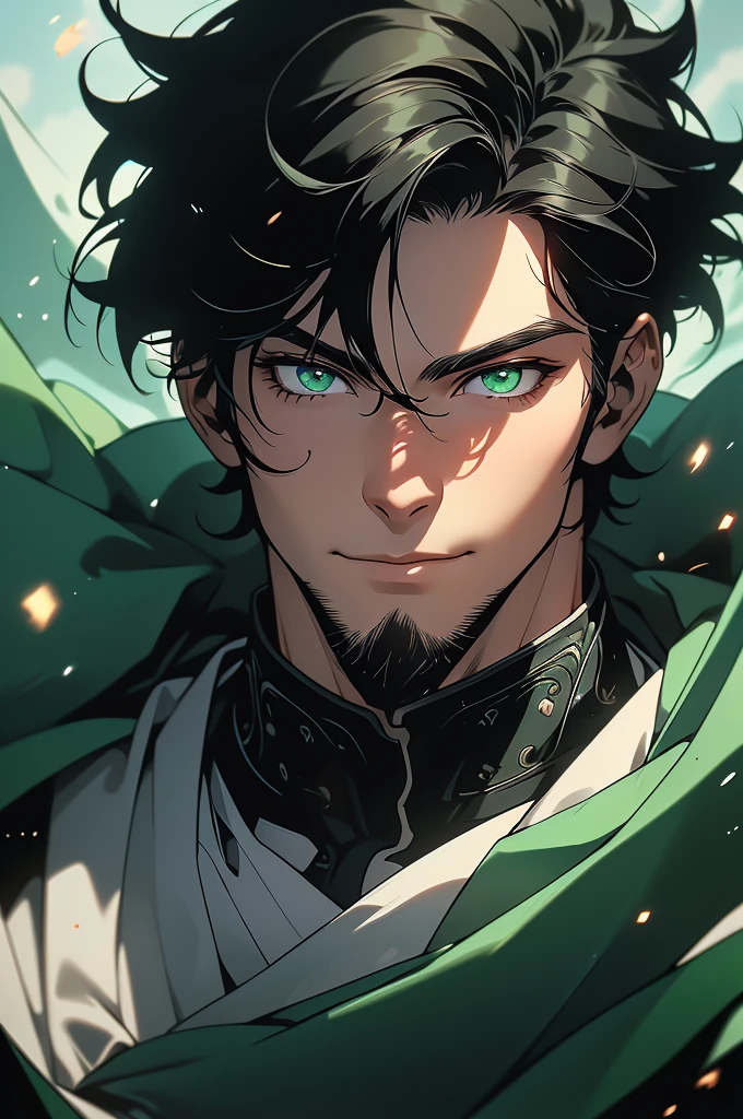 (masterpiece, 8k, 32k, ultra quality image), masculine man, 46 years old, image focused on the character's face, deep green eyes, straight black hair, (character looking fixedly at the viewer, 1.6 smile)