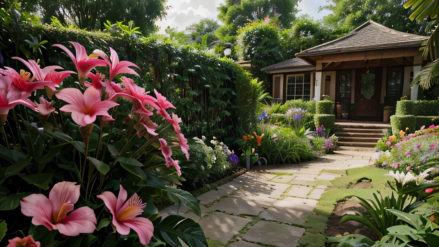 Closed pov of a garden filled with lots of different types of flowers, bothside, picture, by Robbie Trevino, hurufiyya, beautiful tropical flowers, photo of a beautiful, f12, wesley kimler, lots of flowers, upon a peak in darien, tropical