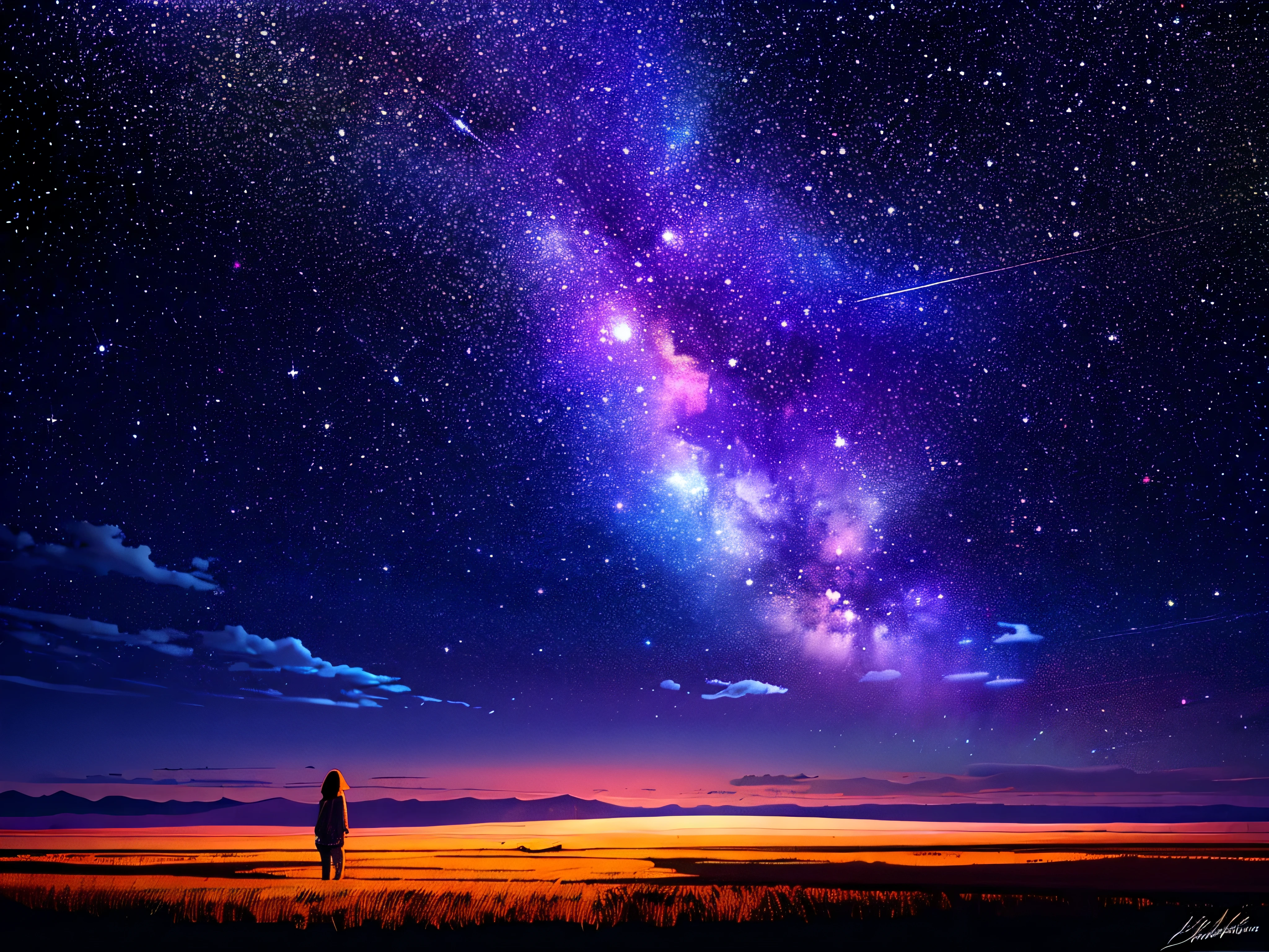 In the expansive landscape photograph, a girl is seen standing in a field of vibrant flowers, gazing up at the expansive sky above. The full moon (lua cheia: 1.2) shines brightly, casting long, soft shadows on the open countryside below. The evening stars (estrelas cadentes: 0.9) twinkle faintly in the distance, with the milky way (nebulosa: 1.3) forming an intricate pattern of light among the clouds. A distant mountain range adds depth and a sense of scale to the scene.
This breathtaking work of art, created by the BREAK production team, features a warm, inviting source of