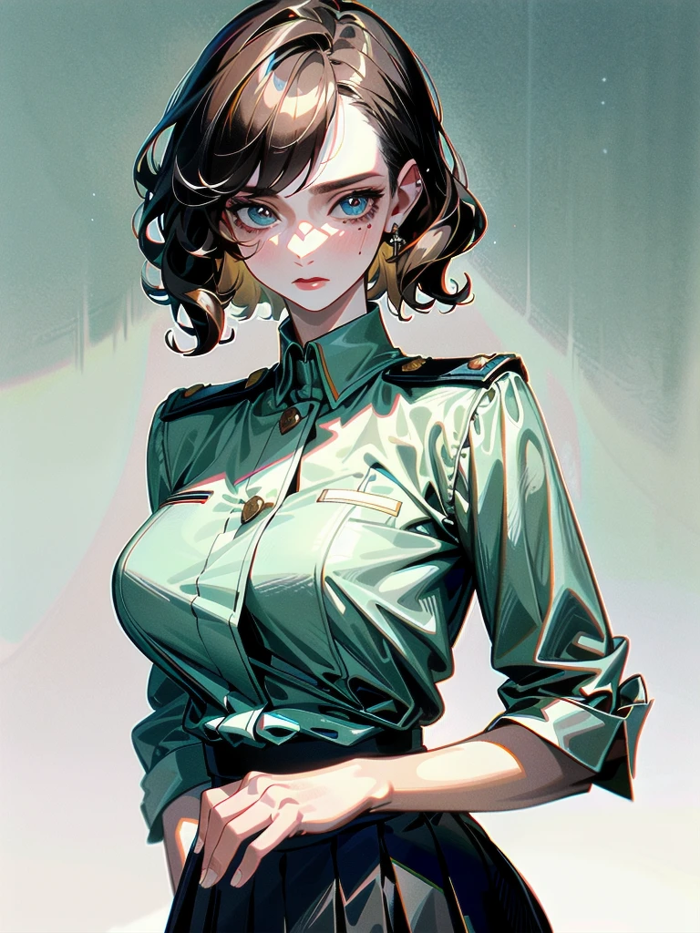 military uniform, absurdres, RAW photo, extremely delicate and beautiful, masterpiece, Best Quality, ultra high resolution, 32k, hyperrealistic, ultra-detailed, detailed description, pale skin, 20 years old, tearful mole, earring, Colossal tits, short medium hair, wavy hair, pleated skirt,