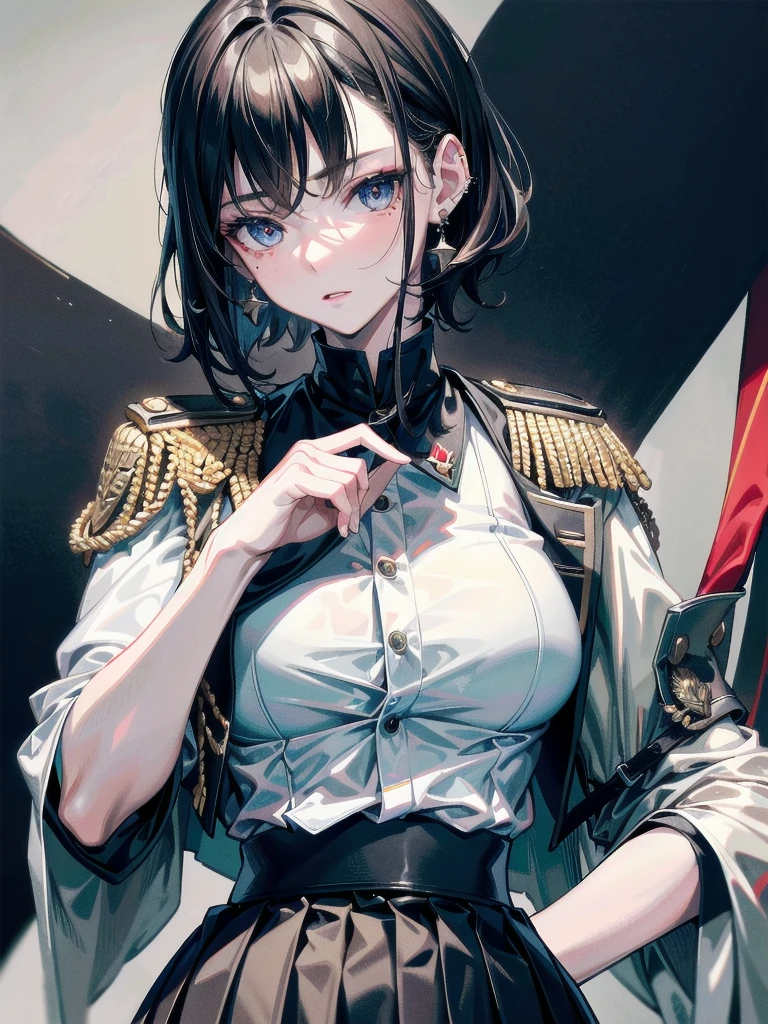 military uniform, absurdres, RAW photo, extremely delicate and beautiful, masterpiece, Best Quality, ultra high resolution, 32k, hyperrealistic, ultra-detailed, detailed description, pale skin, 20 years old, tearful mole, earring, Colossal tits, short medium hair, wavy hair, pleated skirt,