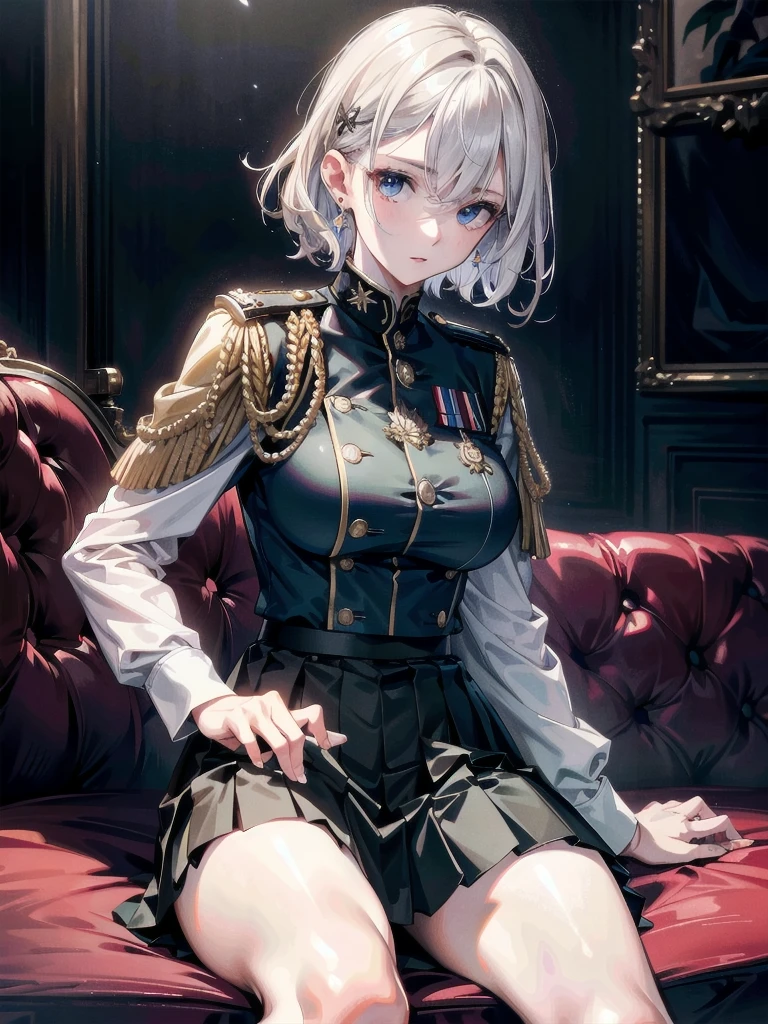 military uniform, absurdres, RAW photo, extremely delicate and beautiful, masterpiece, Best Quality, ultra high resolution, 32k, hyperrealistic, ultra-detailed, detailed description, pale skin, 20 years old, tearful mole, earring, Colossal tits, short medium hair, wavy hair, pleated skirt,