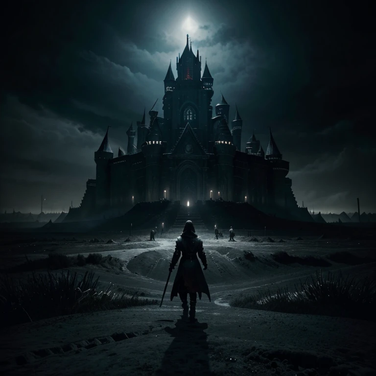 masterpiece, 4k, sharp focus, highest quality,wide shot,Imagine a world where darkness and cold have taken over, and you find yourself in the depths of the nine layers of hell. The once vibrant landscapes have now become desolate wastelands filled with endless suffering. The skies are obscured by a thick haze, and the only sounds you hear are the cries of the damned. As you make your way through the levels, you encounter demons and tormentors, each determined to keep you from escaping their grasp. Can you survive the horrors of each layer and find a way out of this dark and cold hellscape ,the big castle 