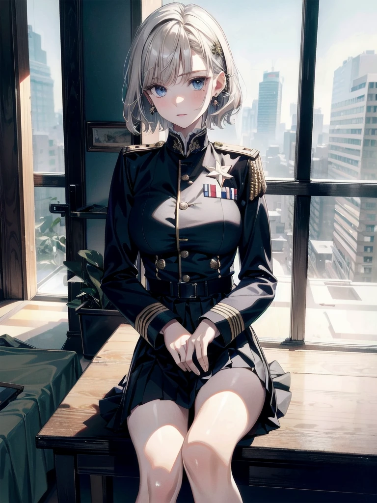 military uniform, absurdres, RAW photo, extremely delicate and beautiful, masterpiece, Best Quality, ultra high resolution, 32k, hyperrealistic, ultra-detailed, detailed description, pale skin, 20 years old, tearful mole, earring, Colossal tits, short medium hair, wavy hair, pleated skirt,