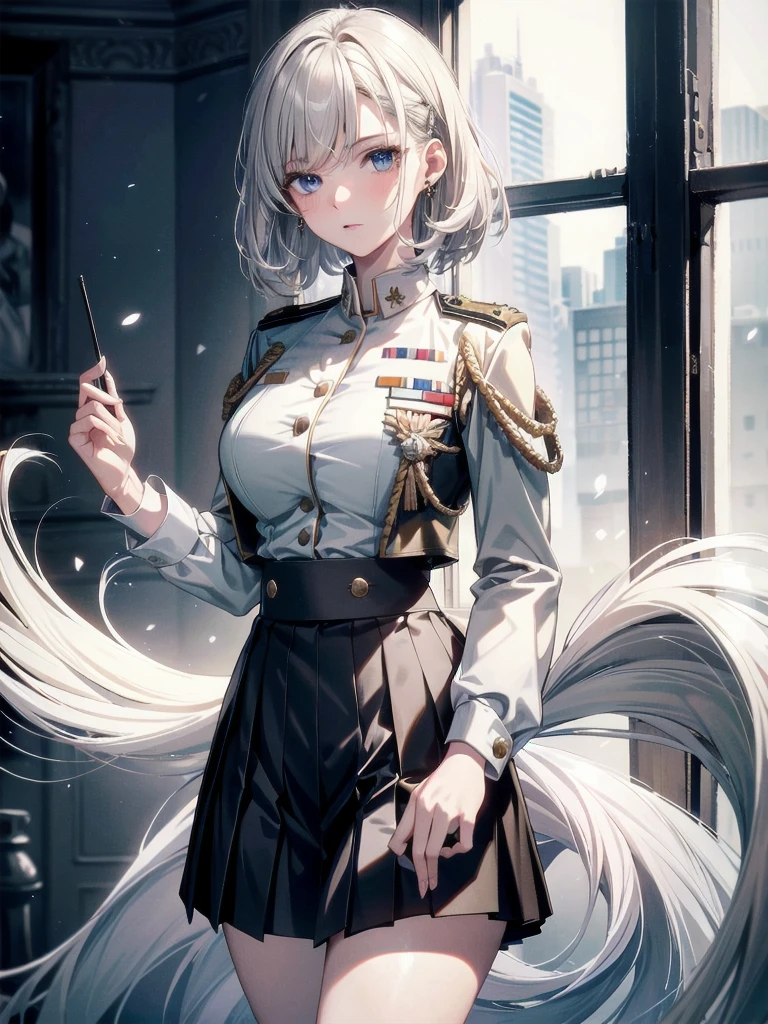 military uniform, absurdres, RAW photo, extremely delicate and beautiful, masterpiece, Best Quality, ultra high resolution, 32k, hyperrealistic, ultra-detailed, detailed description, pale skin, 20 years old, tearful mole, earring, Colossal tits, short medium hair, wavy hair, pleated skirt,