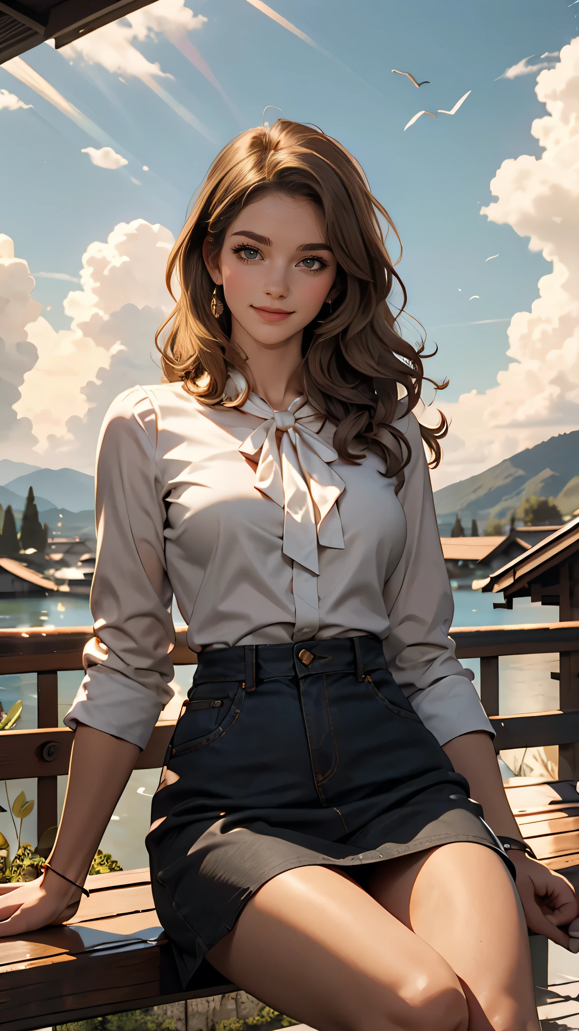 Claude Monet 、sitting with her back to the top of the mountain_with blue sky and white clouds,rays of sunshine、White long sleeve buttoned blouse_Brown tweed mini skirt,Super long brown hair,Hair with loose waves insid、blue eyes、Long straight hair_Hair reaching down to the waist、shy smile、full figure supermodel standing, entire body in frame、Shoot so that the whole body is captured away from the camer、