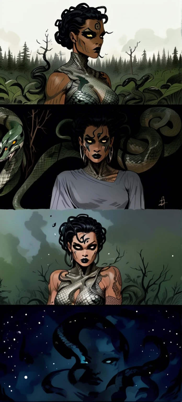 Medusa, splash page decompressed comic cover art, ink style figure, ((expressive Joelle Jones and "Sean Gordon Murphy" comic drawing)), wordless, cinematic poster, double exposure, optical illusion, image within image, abyss void black no visibility darkness, full length portrait, (background, pine barrens, entropy, rewilding, magic hour sunset, galaxy stars, cosmos), (horror, abstract, surreal, body, cosmic), candid, snake skin dress, morphology anatomy drawn Frederic Delavier musculature anatomical illustration, (face, ornate black-metal corpsepaint face paint, resembles Grace Jones), (body, Naga, snakefolk, lower body snake tail, snake woman hybrid, bald, hairless, skeleton, snake skin tattoos, piercing eyes, snake pupils, over the shoulder), (colors, bleak muted deep fiery radiant glowing ROYGBIV, forest green, earth brown), craftsmanship nuance, (Gerardo Zaffino charcoal), subliminal orchids, nyctophobia, silhouette