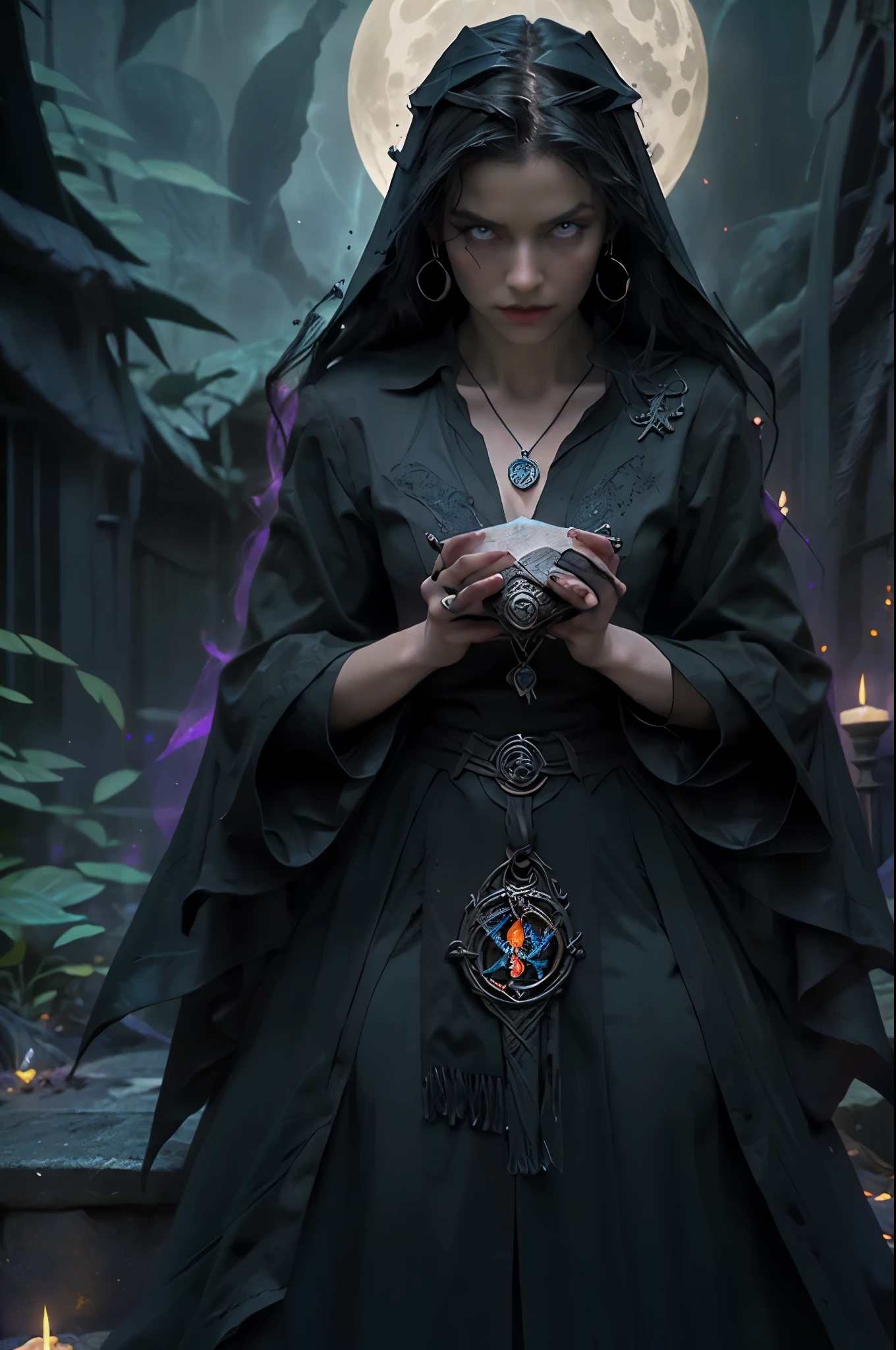 (best quality,4k,8k,highres,masterpiece:1.2), ultra-detailed, realistic:1.37, villain, long black hair, 200-year-old witch, magic glowing in her hands, dark magic, sinister grin, intense eyes, ancient spellbook, flowing black robes, enchanted amulet, haunting aura, eerie background, mysterious shadows, creepy atmosphere, ancient ruins, magical artifacts, flickering candlelight, haunted forest, moonlit sky, vibrant colors, enchanting sorcery, dark sorcery, powerful incantation, otherworldly beauty, mystical presence, bewitching charm, intimidating gaze, wicked witch, witchcraft and wizardry