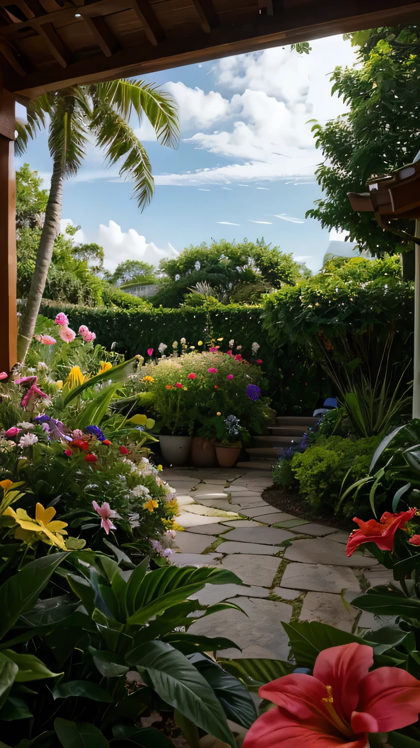 Closed pov of a garden filled with lots of different types of flowers, bothside, picture, by Robbie Trevino, hurufiyya, beautiful tropical flowers, photo of a beautiful, f12, wesley kimler, lots of flowers, upon a peak in darien, tropical