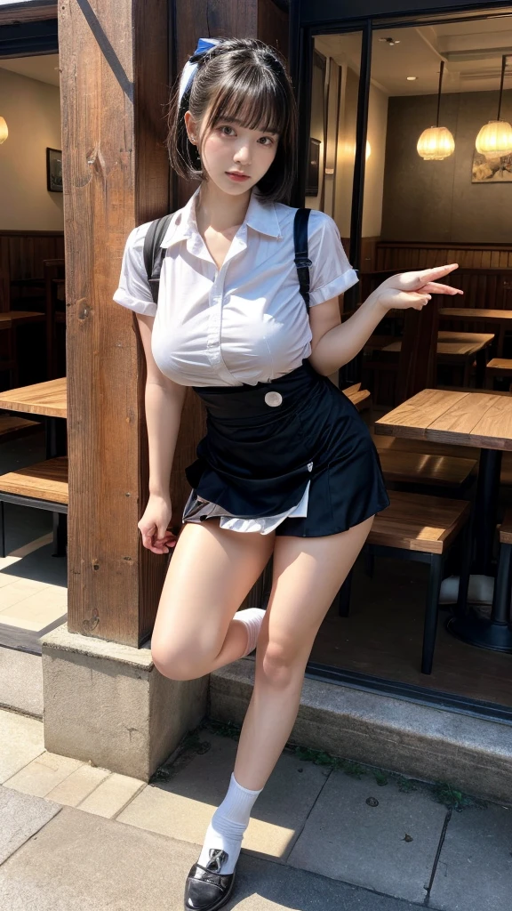 muste piece, best quality, illustration, Super detailed, fine details, High resolution, 8K,wall paper, perfect dynamic composition,(Details High quality, realistic depiction of eyes:1.3), kneeing, waitress uniform, restaurant, huge breasts, short bob hair、black hair color, Big Natural Color Lip, acrobatic pose, crying a little、cold gaze, Harajuku style、20 year old girl、cute type、lolita、beautiful legs, focus on crotch, full body photo, gravure idol