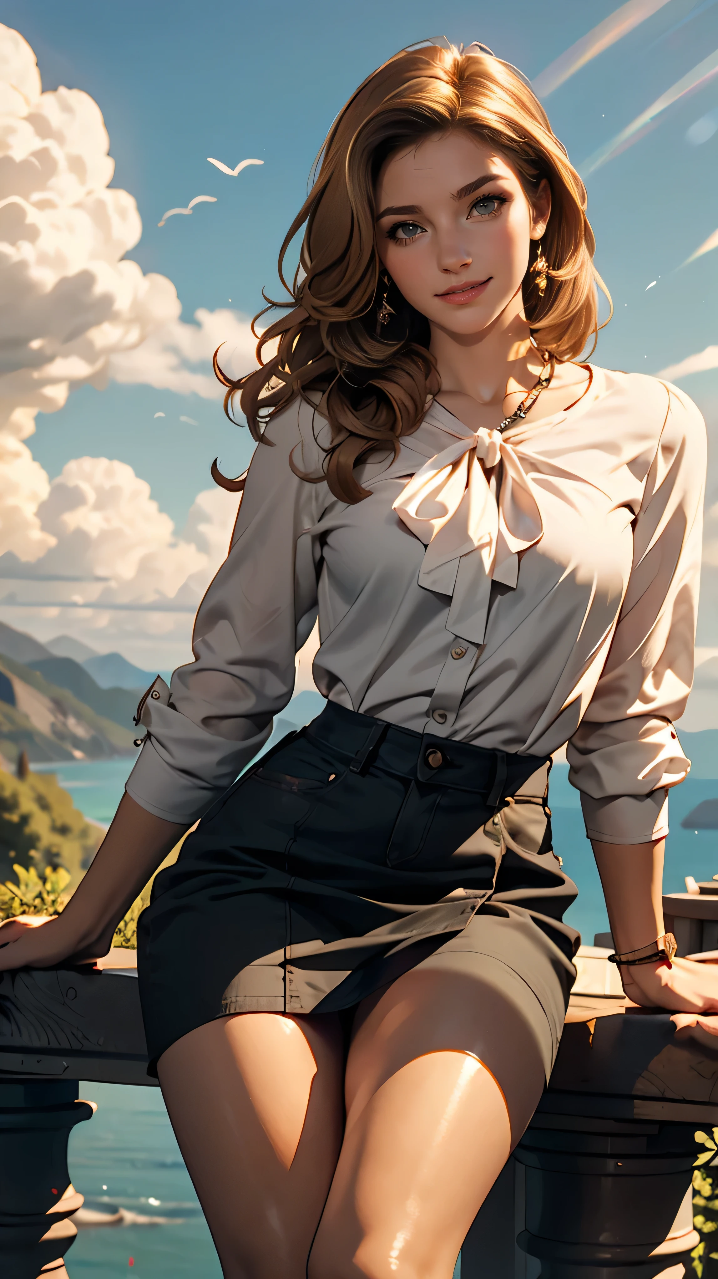 Claude Monet 、sitting with her back to the top of the mountain_with blue sky and white clouds,rays of sunshine、White long sleeve buttoned blouse_Brown tweed mini skirt,Super long brown hair,Hair with loose waves insid、blue eyes、Long straight hair_Hair reaching down to the waist、shy smile、full figure supermodel standing, entire body in frame、Shoot so that the whole body is captured away from the camer、standing gracefully、From an oblique angle above
