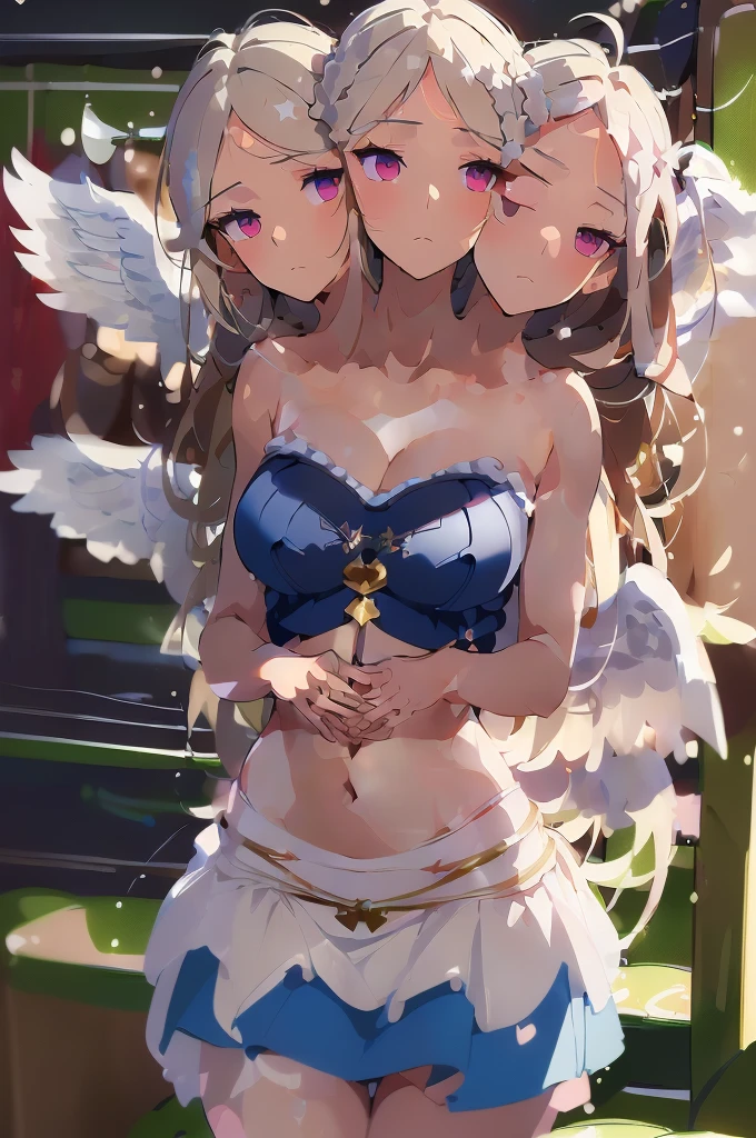 (masterpiece, best quality), best quality, (ultra-detailed), (3heads:1.5), 1girl, ((ultra-detailed), (3heads:1.5), 1girl, (sariel:1.3), masterpiece, best quality, (high quality), (high resolution), (best quality:1.5, highres, UHD), highres, absurdo, ultra detail, ultra quality, ultra resolution, blue top, crop top, ((stomach)), midriff, ((groin)), blue skirt, normal ears, shackles, white knee-length hair, very long hair, wavy hair, sidelocks, blue eyes, parted lips, sweat, cute, toned belly, hand on own chest, eyelashes, (25 year old woman:1.3), (masterpiece:1.5), (best quality:1.5), (beautiful detailed, extremely detailed CG, extremely delicate and beautiful, depth of field, (finely detailed face), (perfect details:1.3), (mature female:1.3), wide pelvis, slender, large veiny breast, 16k resolution, high quality, high definition, extremely detailed, masterpiece, white knee-length hair, long hair, alluring presence, braid, short skirt, close up, big tits, young, six angel wings,
